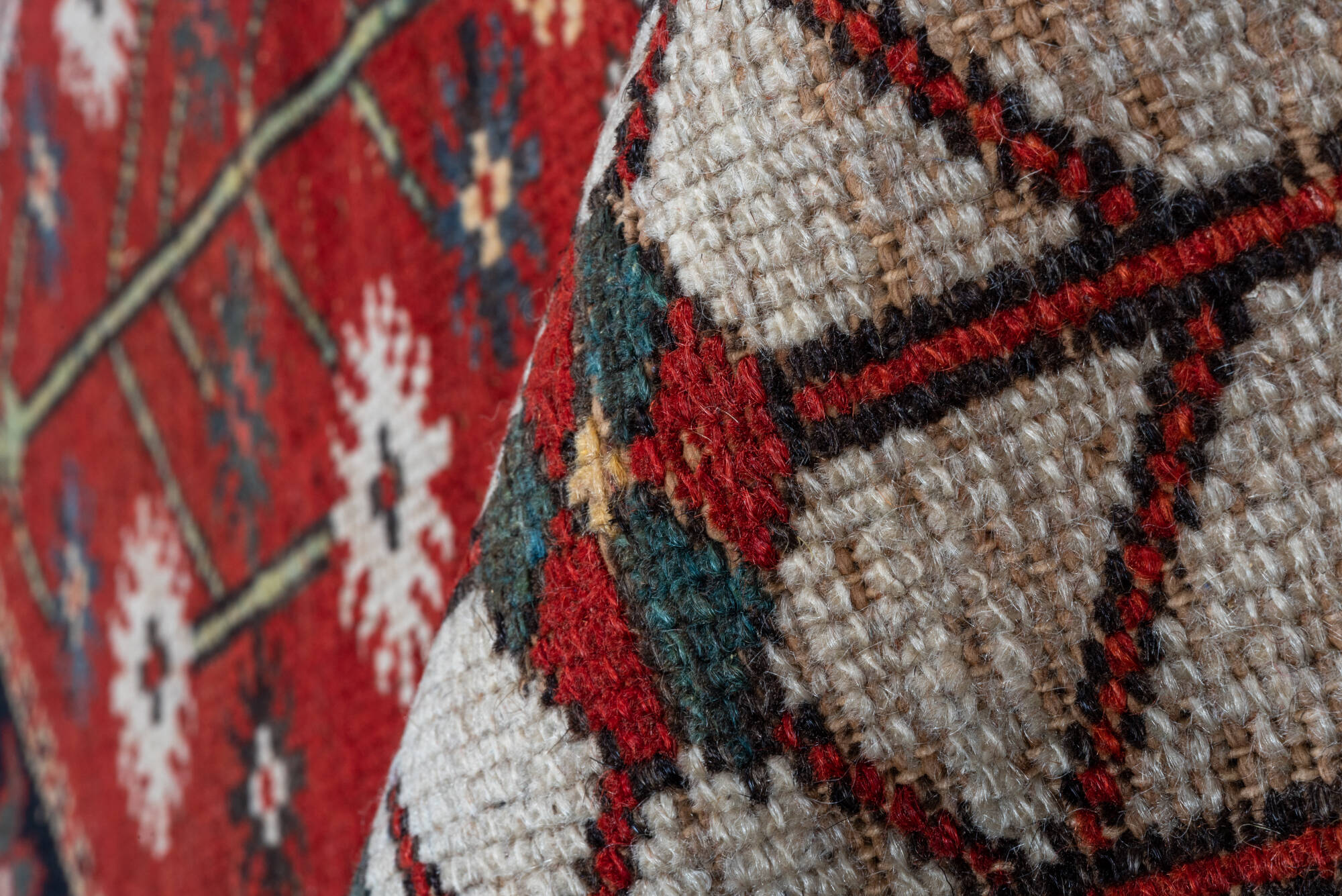 4' x 6' one-of-a-kind handmade vintage Baktiary small size rug. Color palette: gray, brown, light gray, black, blue, red