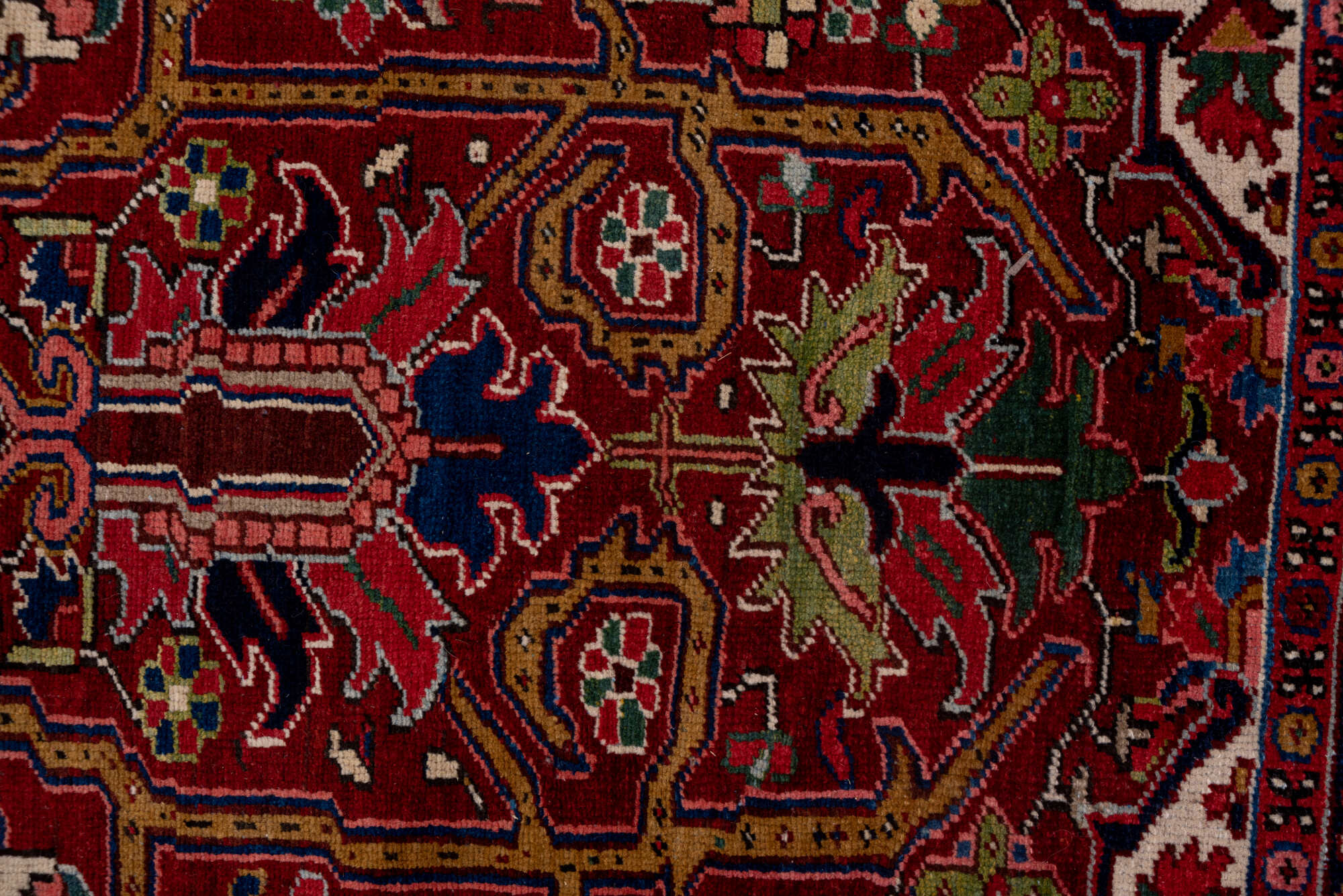 8' x 12' one-of-a-kind handmade vintage Heriz large size rug. Color palette: brown, red, gray, pink, blue, dim gray, redwood