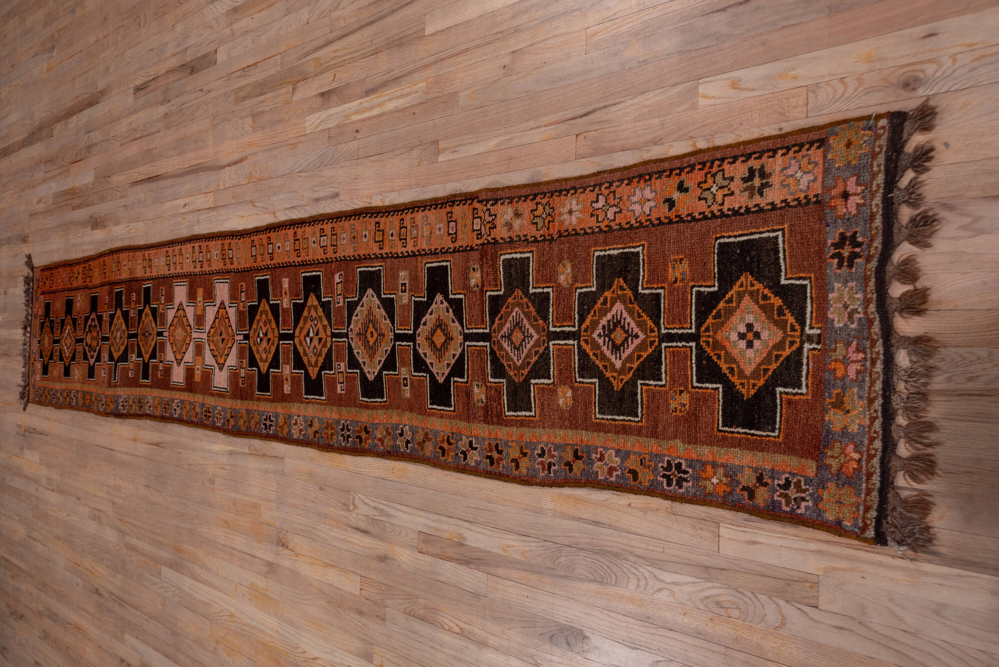 2' x 13' one-of-a-kind handmade vintage Kars runner rug. Color palette: brown, off-white, pink, snow, white, whitesmoke