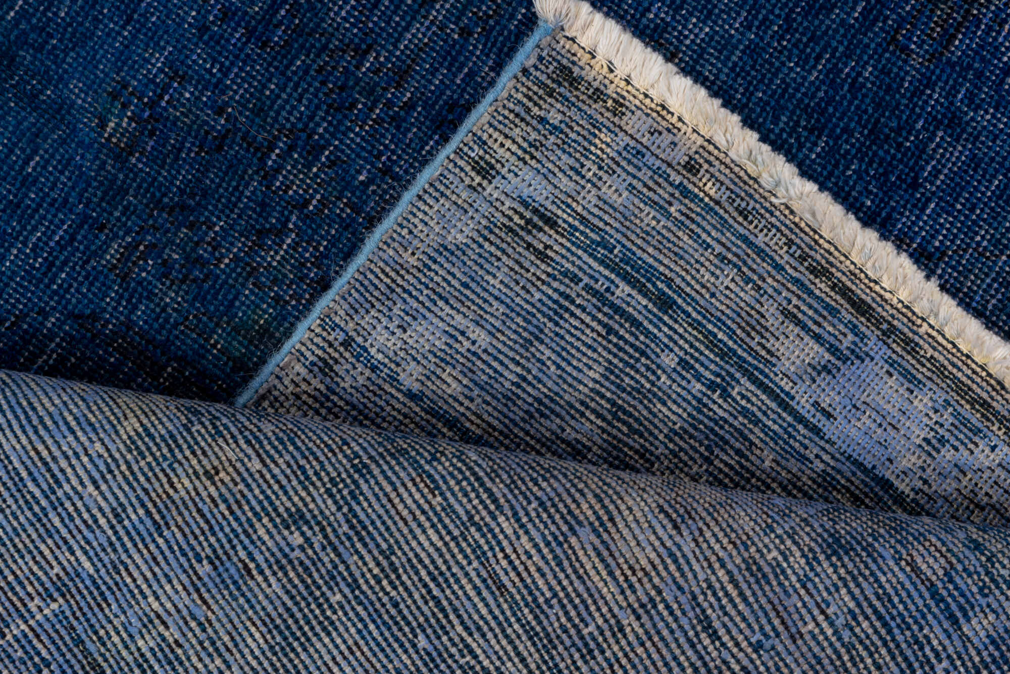 8' x 11' one-of-a-kind handmade vintage Overdyed large size rug. Color palette: blue, dim gray, fiord, gray, off-white, snow