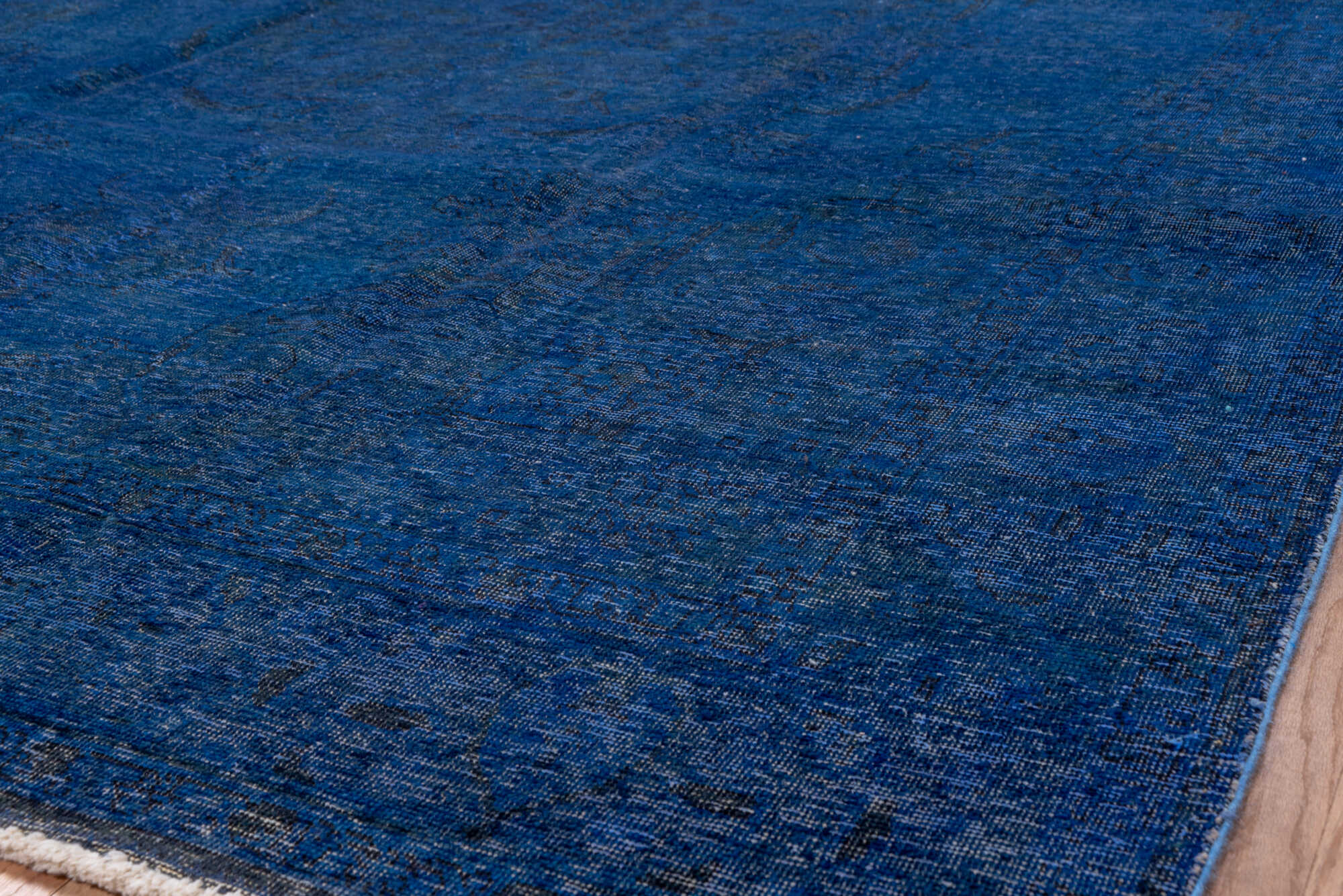 8' x 11' one-of-a-kind handmade vintage Overdyed large size rug. Color palette: blue, dim gray, fiord, gray, off-white, snow