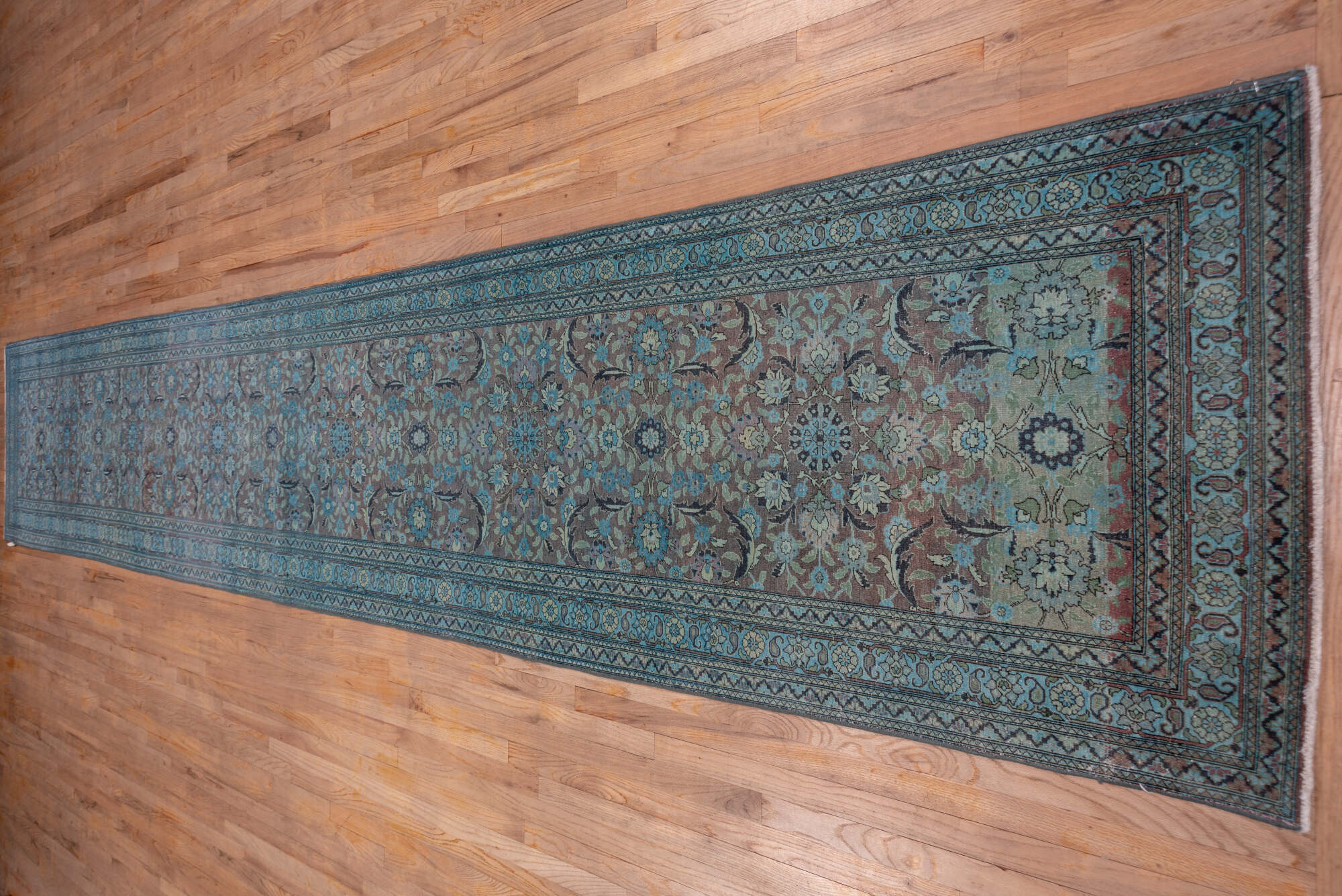 3' x 19' one-of-a-kind handmade vintage Sivas runner rug. Color palette: black, blue, dim gray, gray, off-white, snow, white
