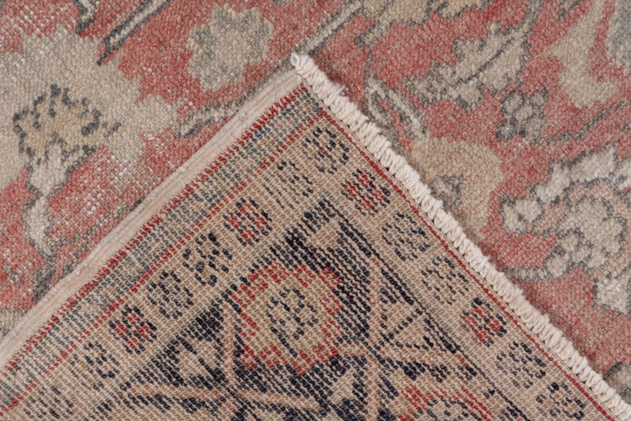 4' x 6' one-of-a-kind handmade vintage Oushak small size rug. Color palette: pink, gray, brown, light gray, off-white