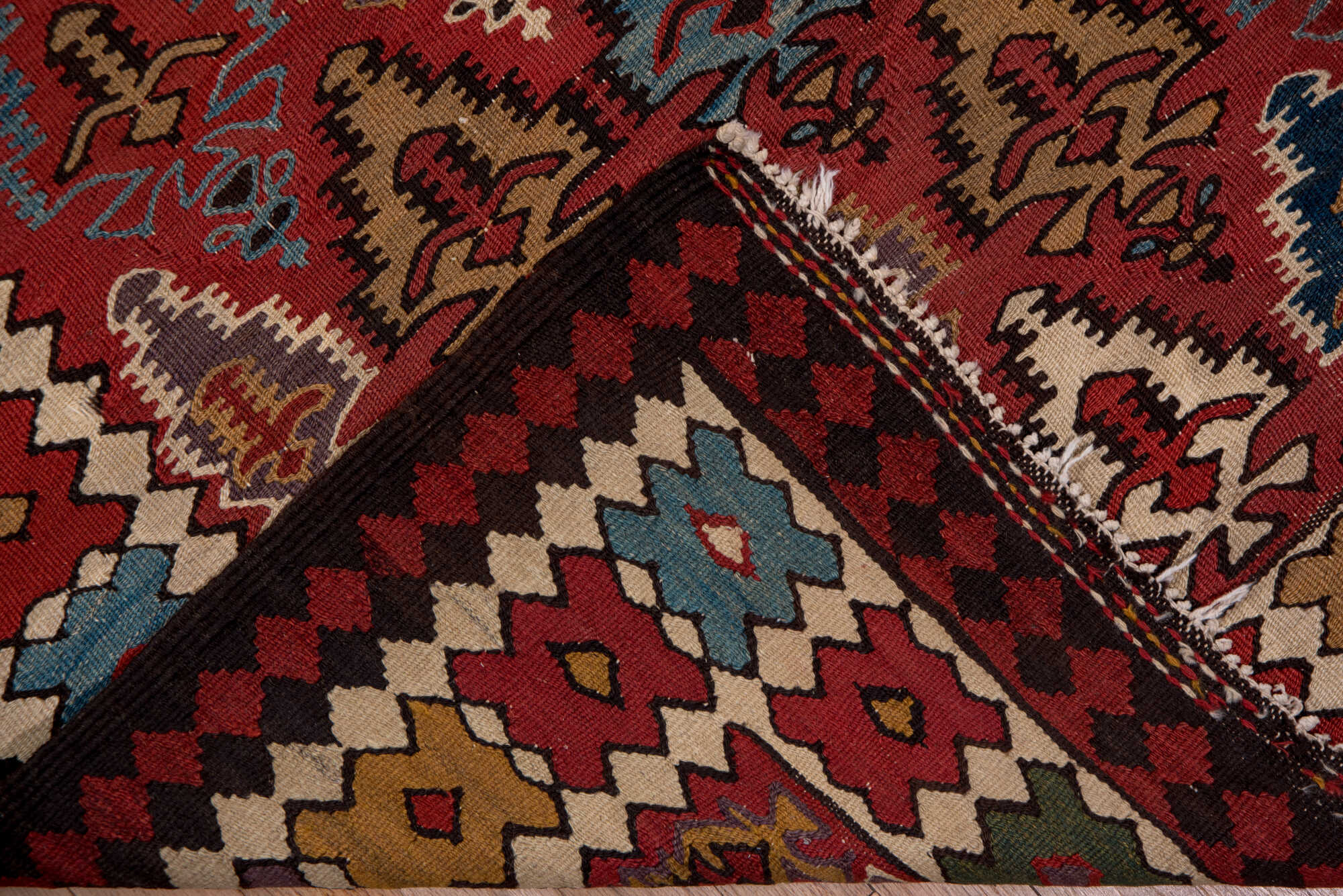 5' x 13' one-of-a-kind handmade vintage Kilim rug. Color palette: gray, red, brown, pink, blue