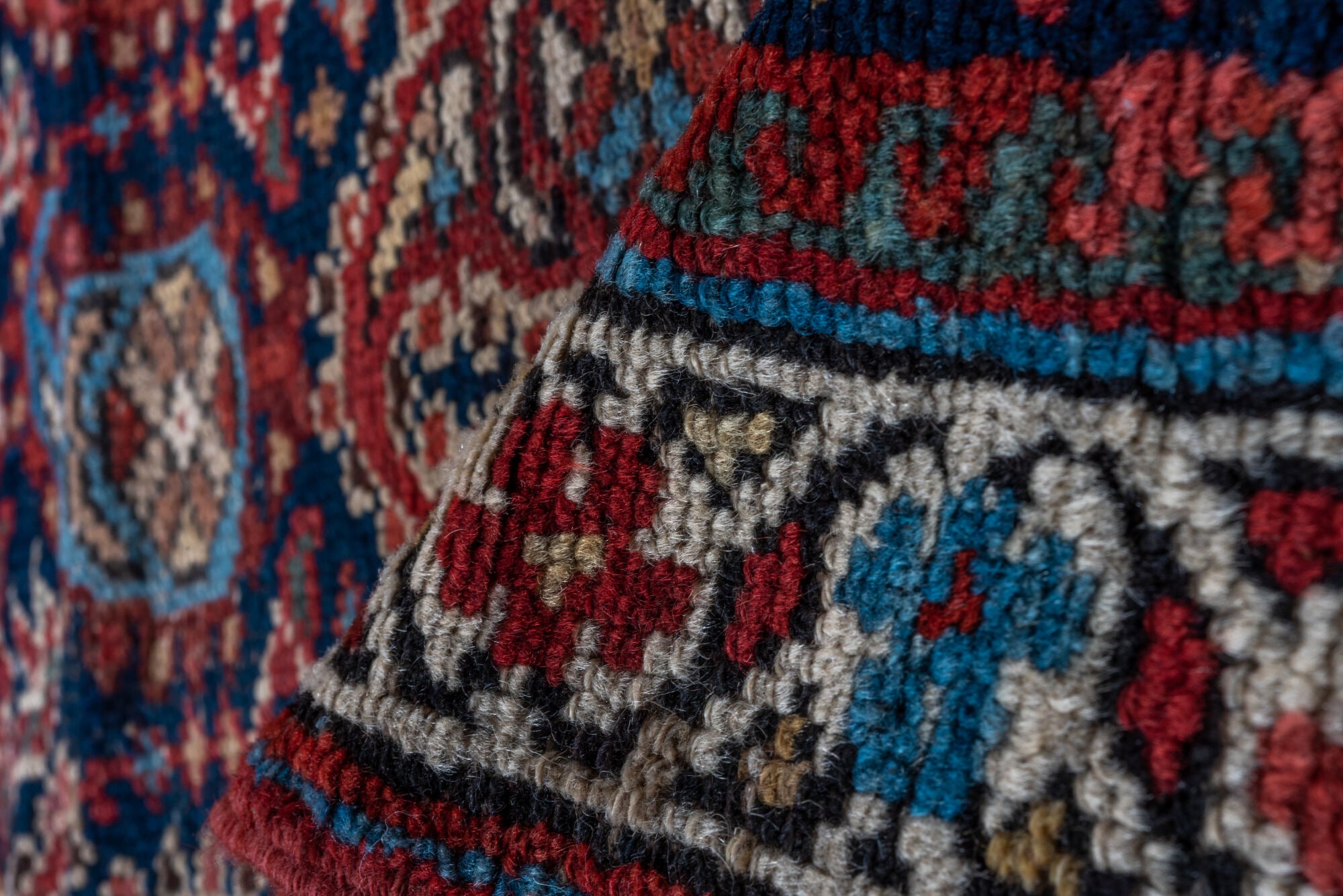 2' x 16' one-of-a-kind handmade vintage Malayer runner rug. Color palette: black, blue, brown, dim gray, gray, off-white