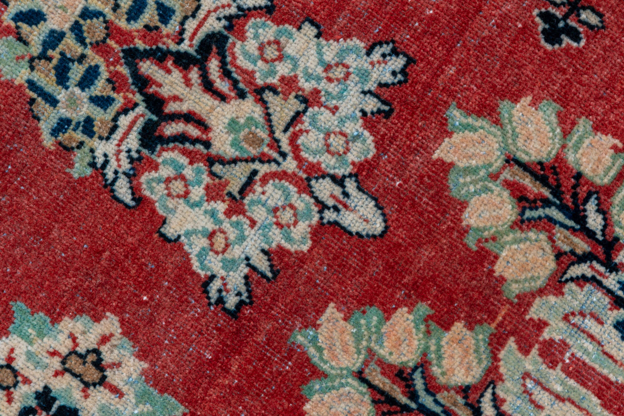 2' x 13' one-of-a-kind handmade vintage Mahal runner rug. Color palette: blue, brown, dim gray, gray, pink, red