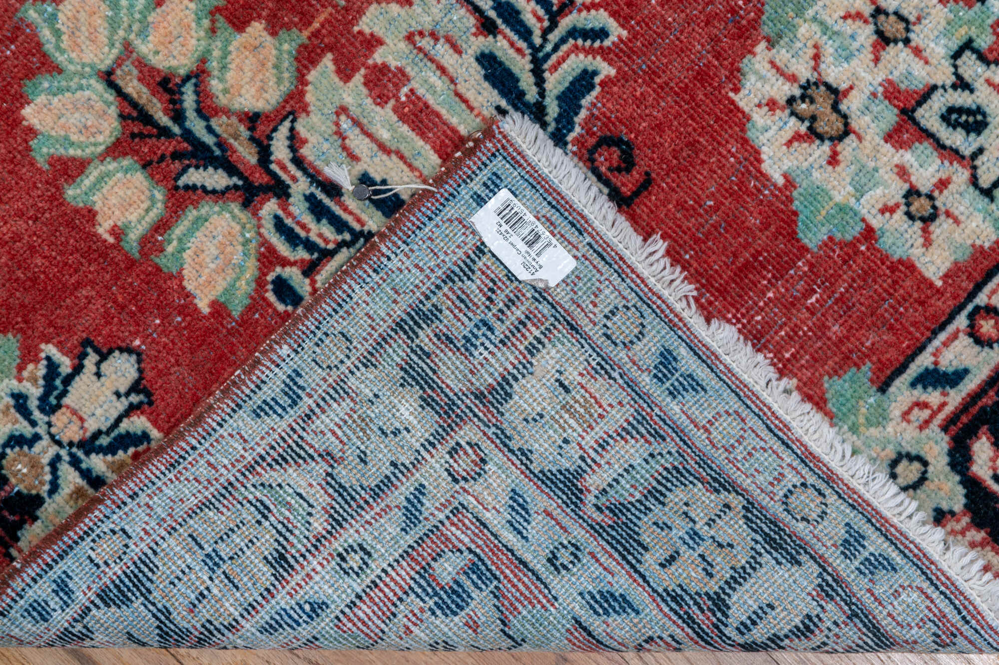2' x 13' one-of-a-kind handmade vintage Mahal runner rug. Color palette: blue, brown, dim gray, gray, pink, red