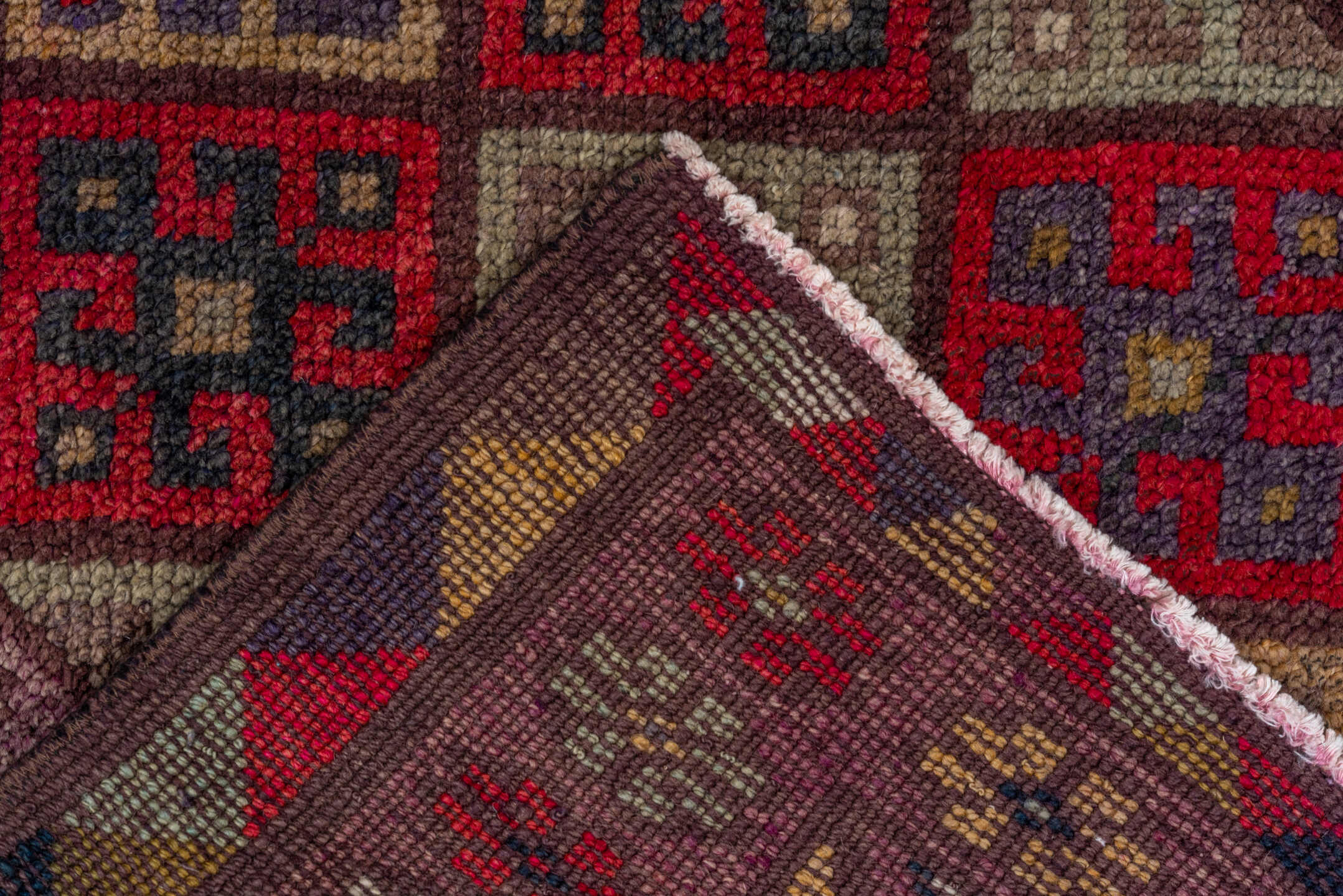 2' x 10' one-of-a-kind handmade vintage Oushak runner rug. Color palette: pink, brown, red, gray, burgundy, redwood