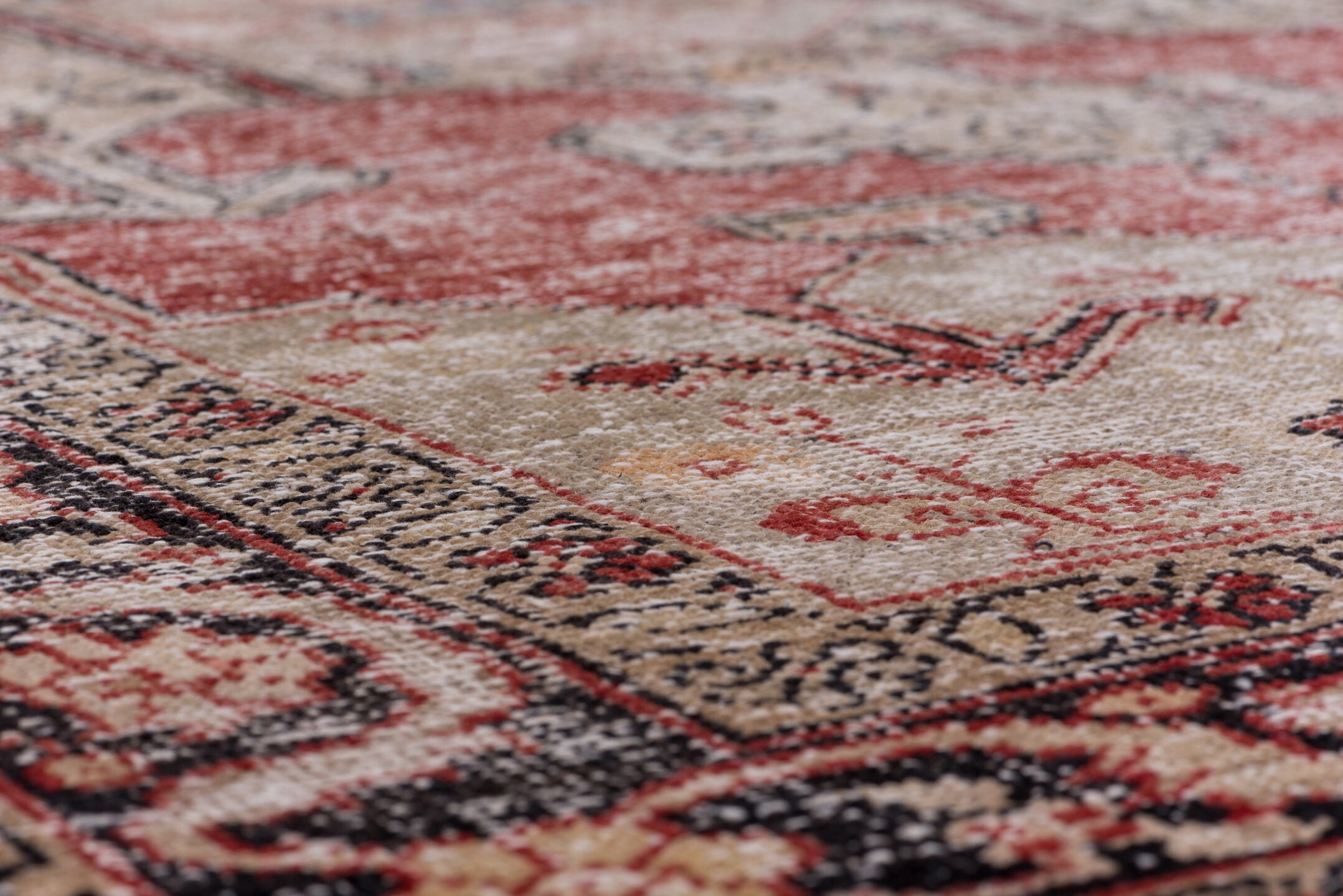 4' x 7' one-of-a-kind handmade vintage Oushak rug. Color palette: light gray, off-white, gray, pink, red, brown, black