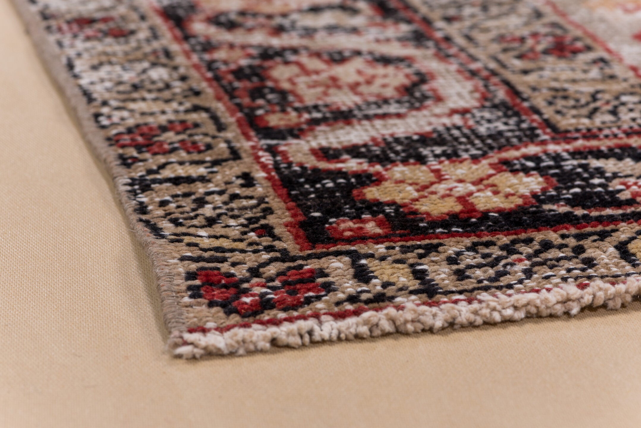 4' x 7' one-of-a-kind handmade vintage Oushak rug. Color palette: light gray, off-white, gray, pink, red, brown, black