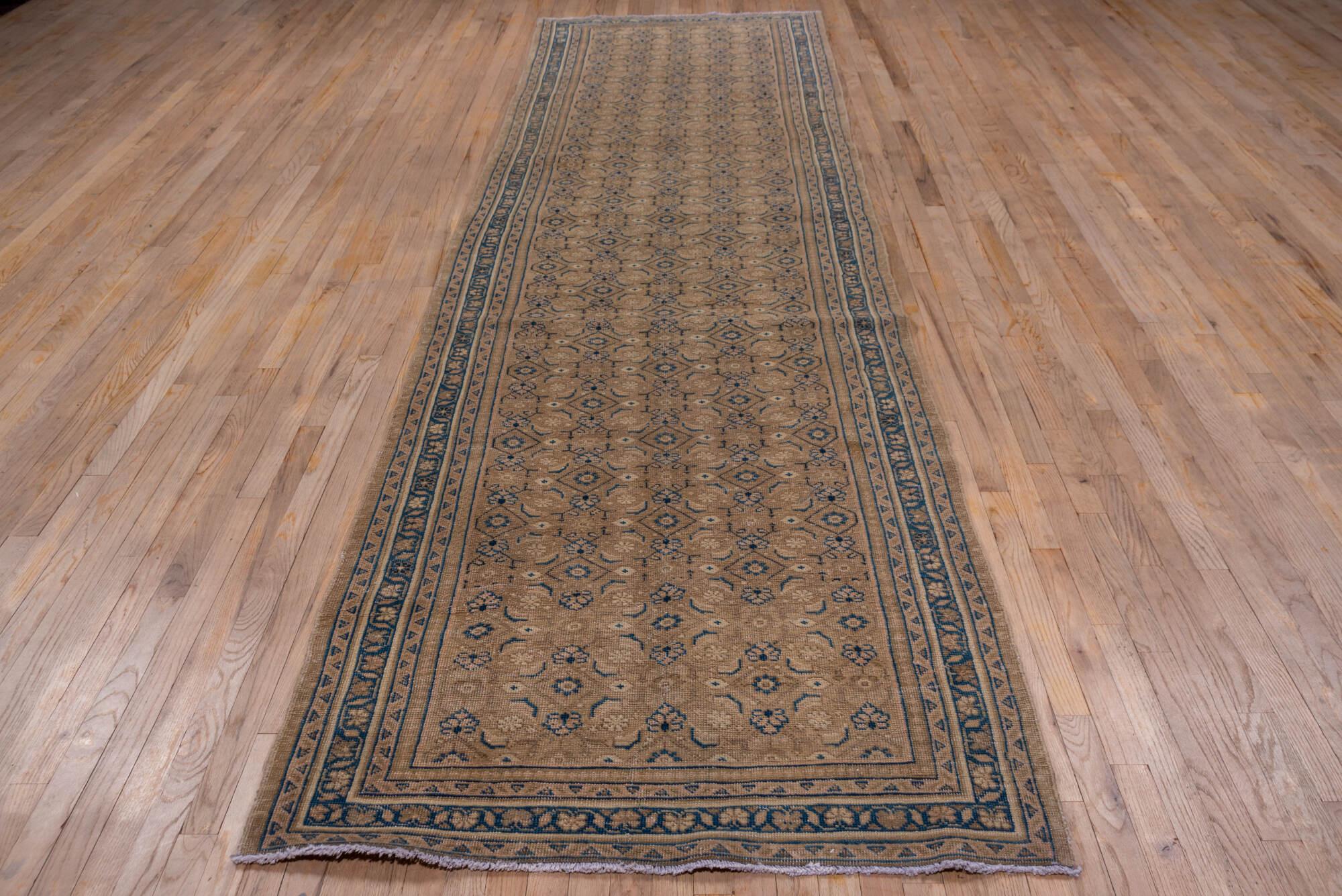 4' x 14' one-of-a-kind handmade vintage Mahal runner rug. Color palette: black, blue, gray, off-white, pink, snow, white