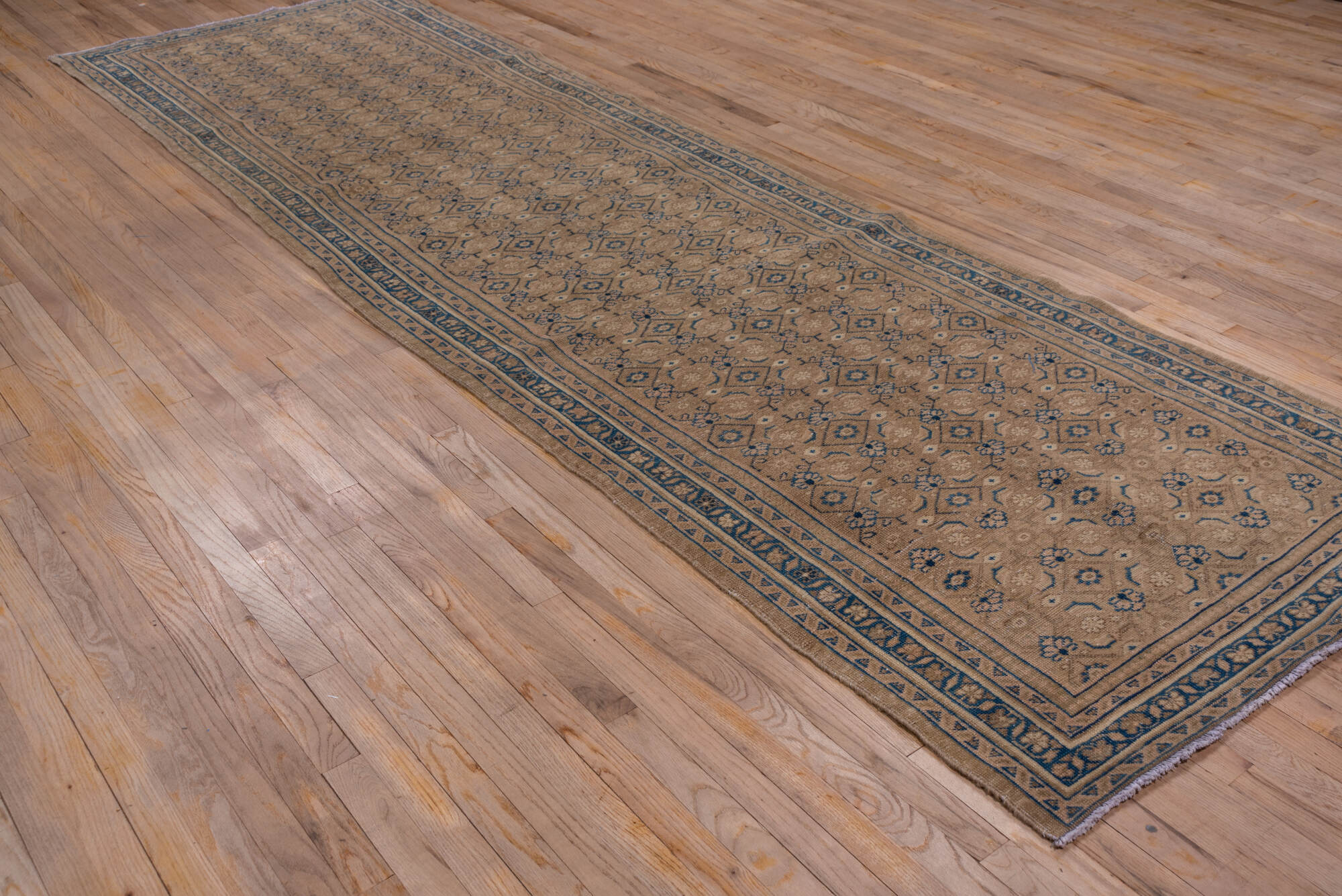 4' x 14' one-of-a-kind handmade vintage Mahal runner rug. Color palette: black, blue, gray, off-white, pink, snow, white