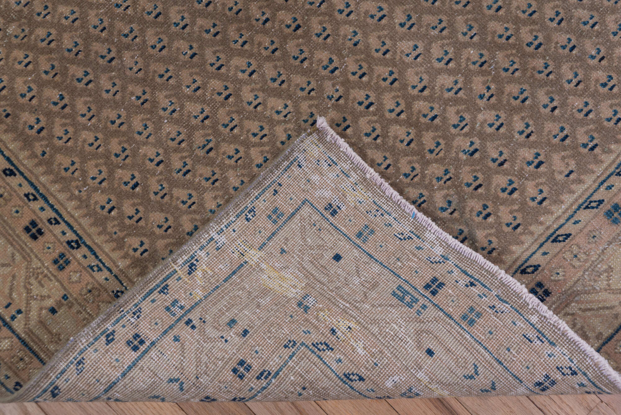 3' x 10' one-of-a-kind handmade vintage Mahal runner rug. Color palette: arapawa, black, blue, brown, dark gray, dim gray