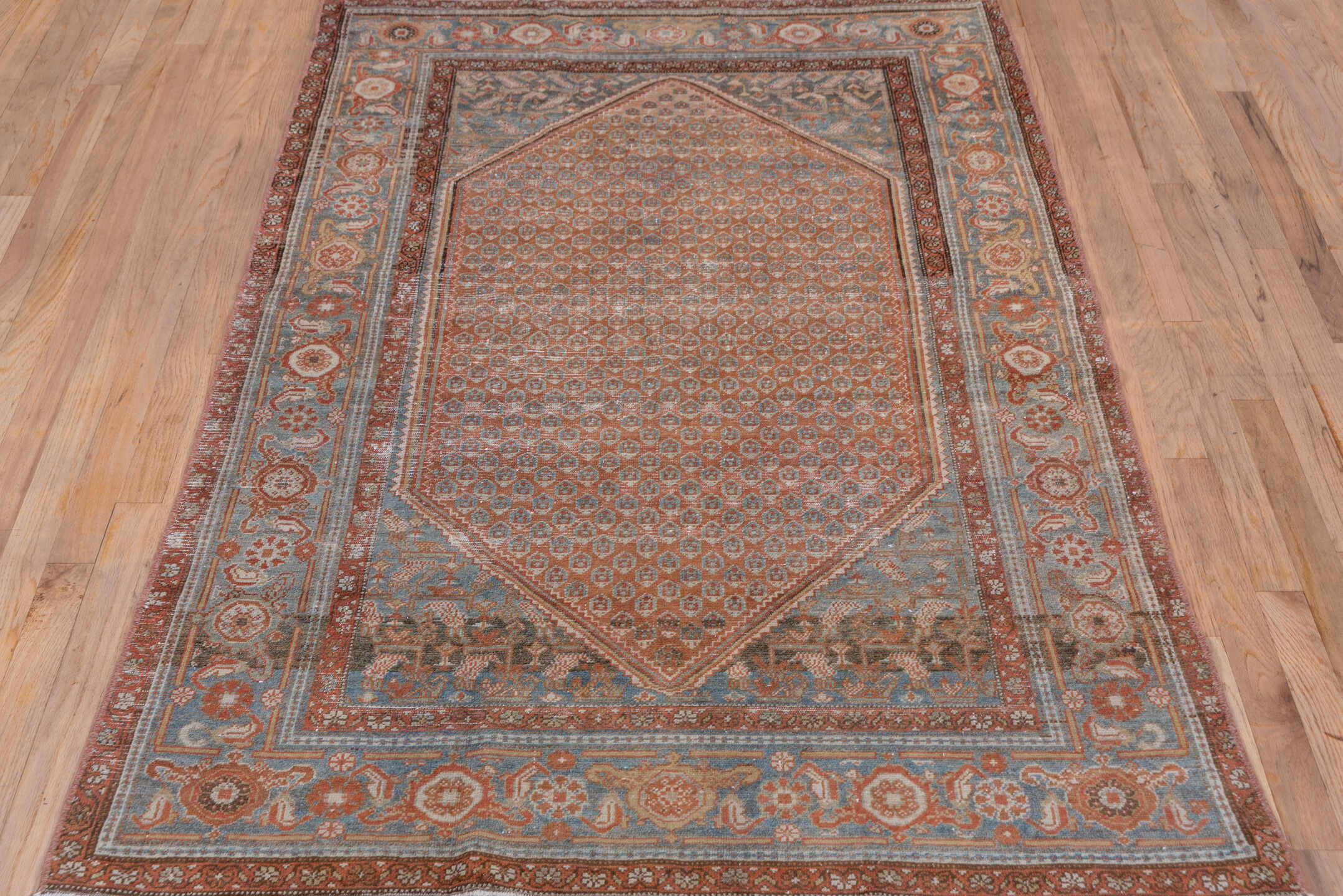 4' x 6' one-of-a-kind handmade vintage Malayer small size rug. Color palette: brown, gray, light gray, pink, silver, redwood
