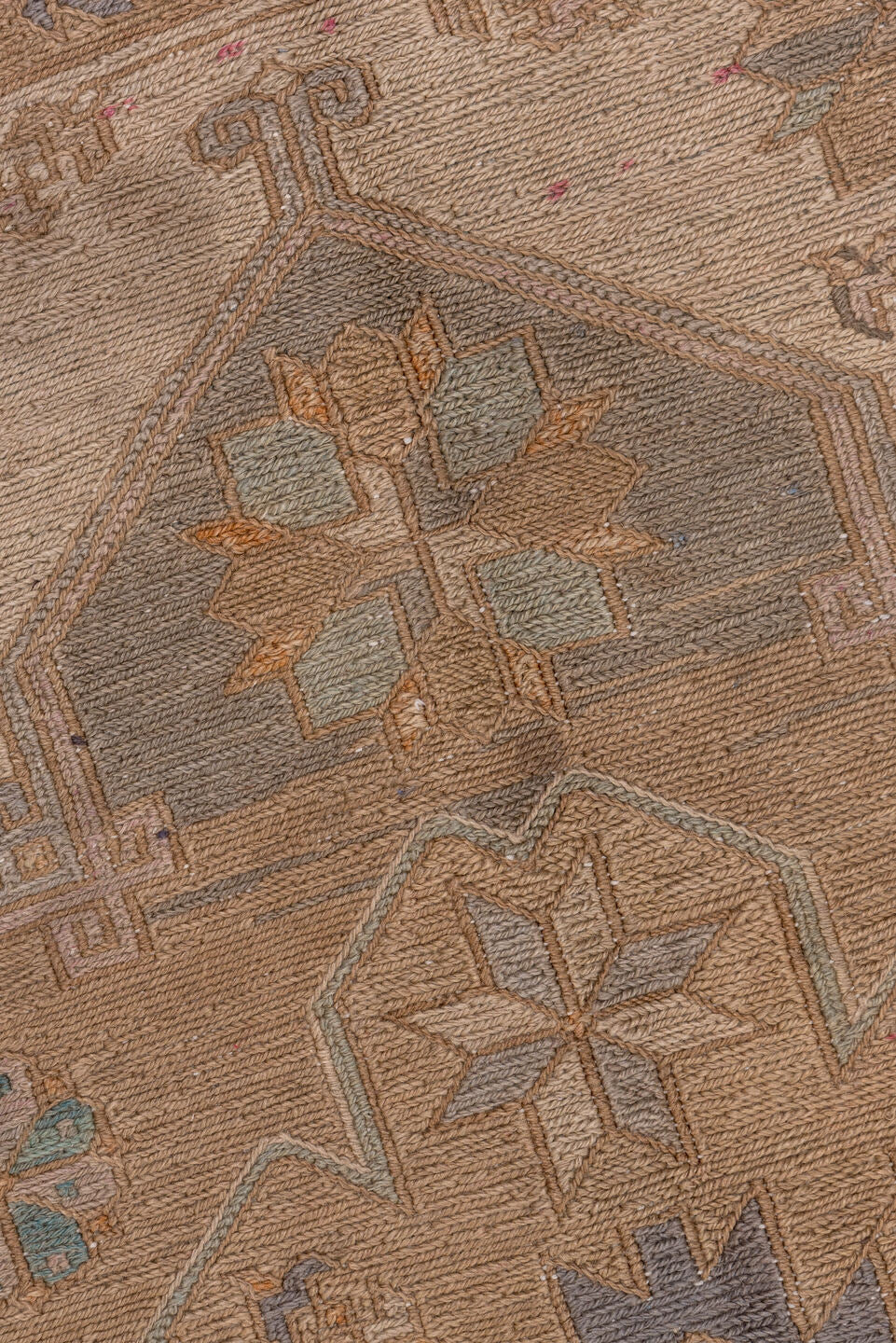 6' x 13' one-of-a-kind handmade vintage Sumak large size rug. Color palette: brown, pink, gray, blue, light gray, off-white