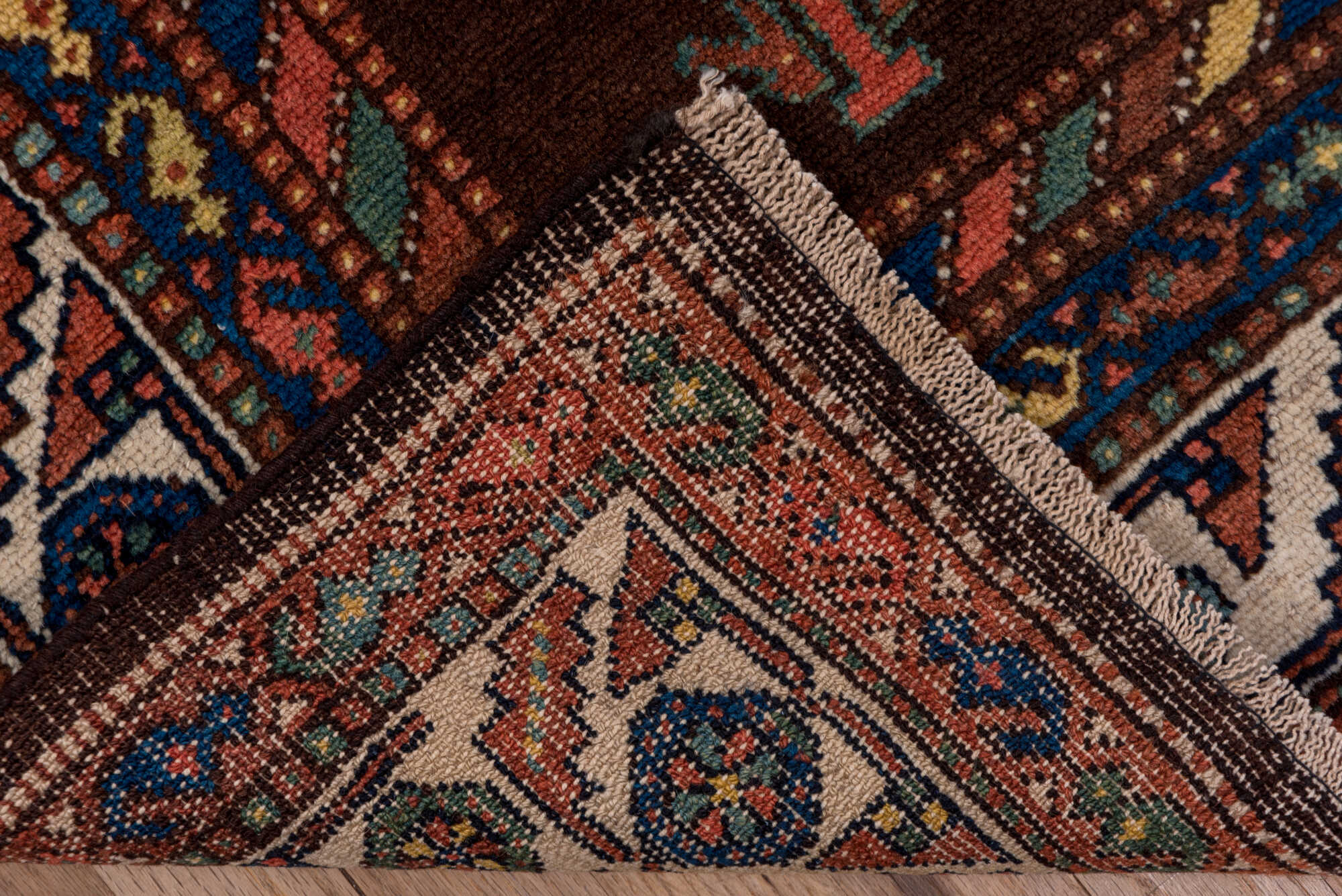 4' x 11' one-of-a-kind handmade vintage Malayer runner rug. Color palette: blue, brown, gray, light gray, pink, red