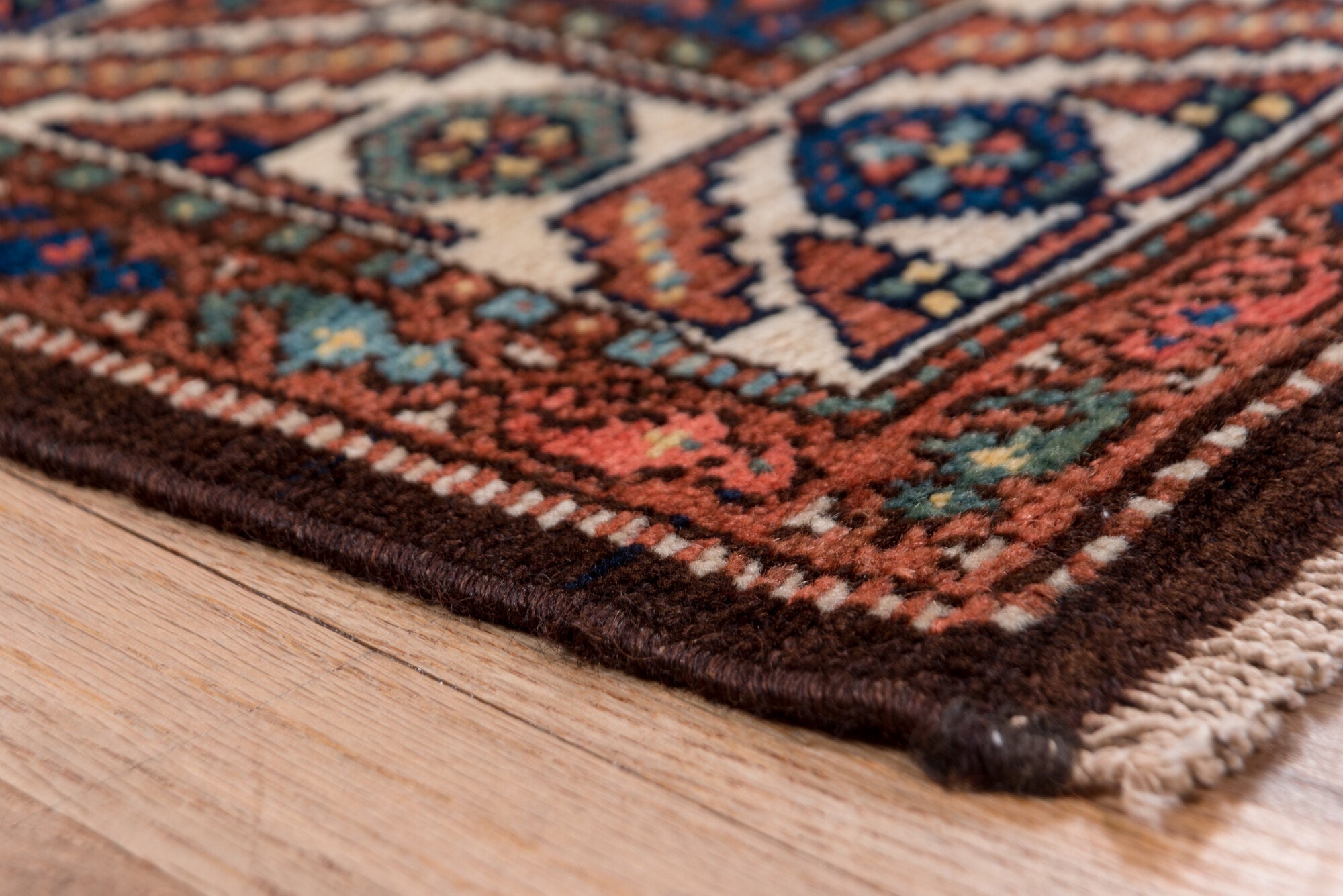4' x 11' one-of-a-kind handmade vintage Malayer runner rug. Color palette: blue, brown, gray, light gray, pink, red