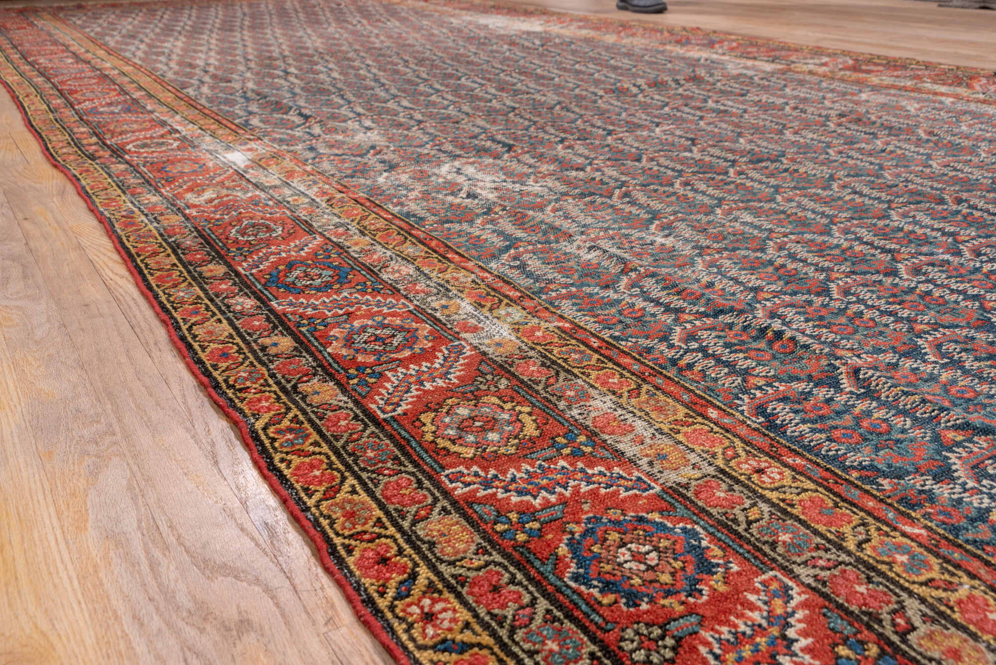 6' x 17' one-of-a-kind handmade vintage Malayer rug. Color palette: black, brown, charcoal, dim gray, gray, pink, red