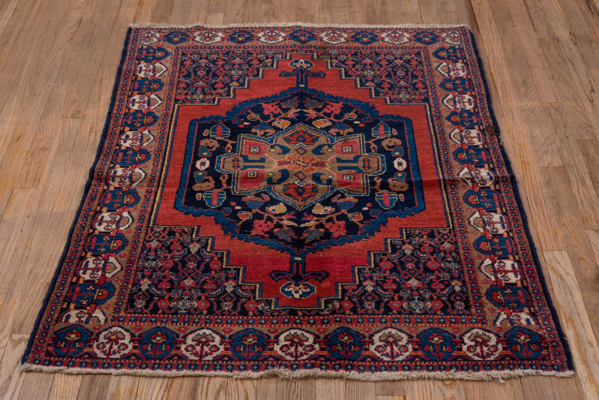 3' x 4' one-of-a-kind handmade vintage Senne small size rug. Color palette: black, blue, brown, charcoal, gray, off-white