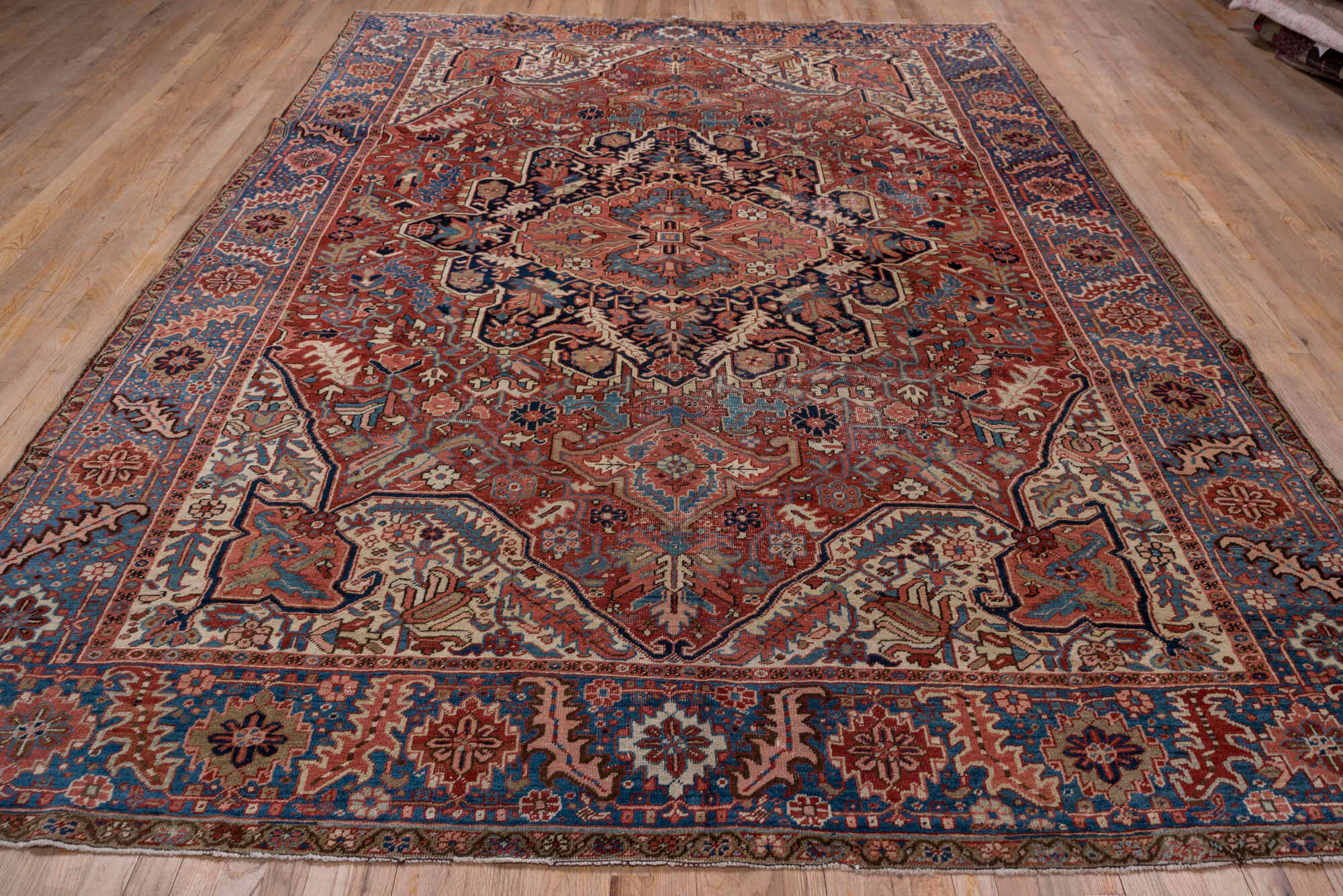 8' x 12' one-of-a-kind handmade vintage Heriz large size rug. Color palette: arapawa, blue, brown, dim gray, fiord, gray