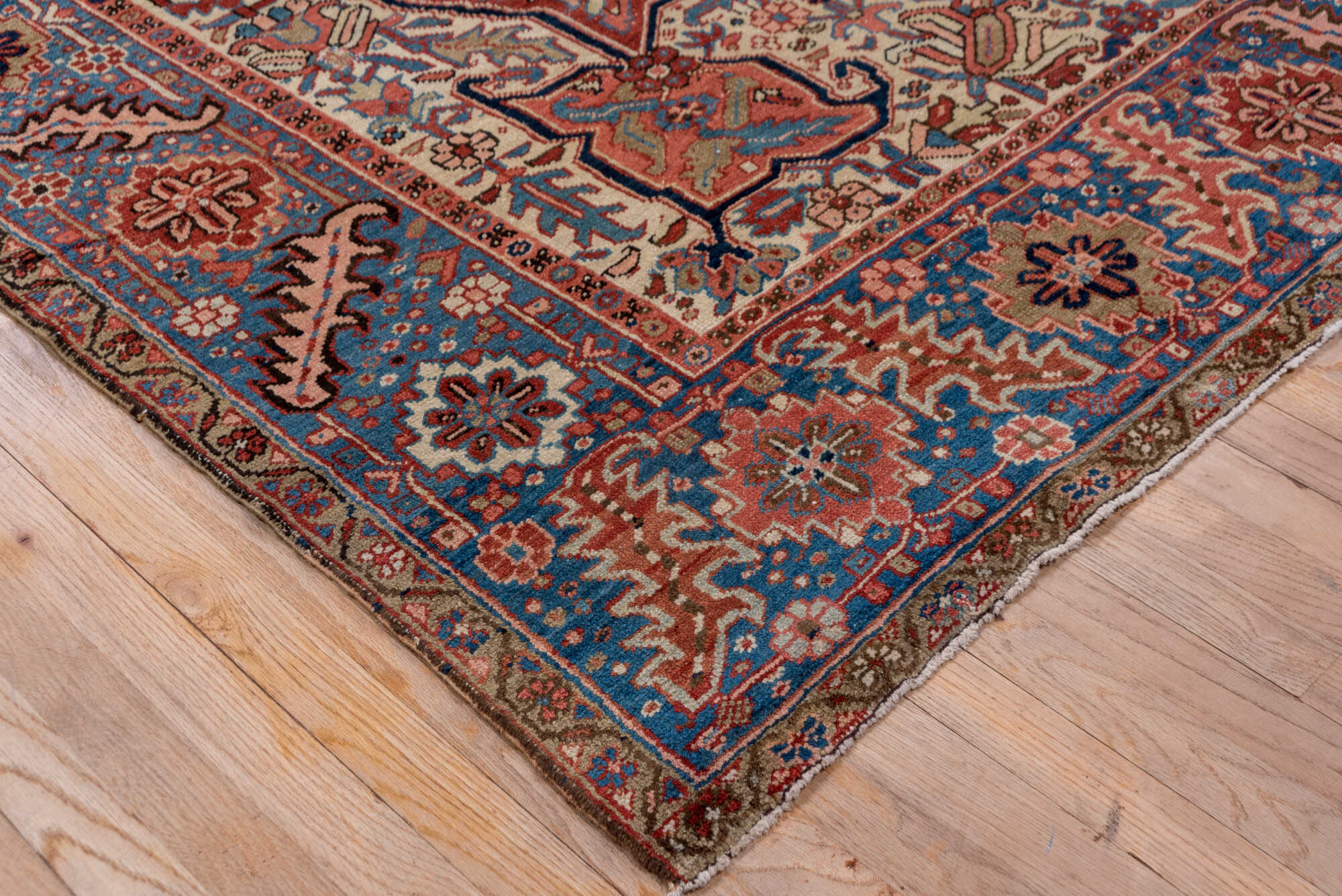 8' x 12' one-of-a-kind handmade vintage Heriz large size rug. Color palette: arapawa, blue, brown, dim gray, fiord, gray