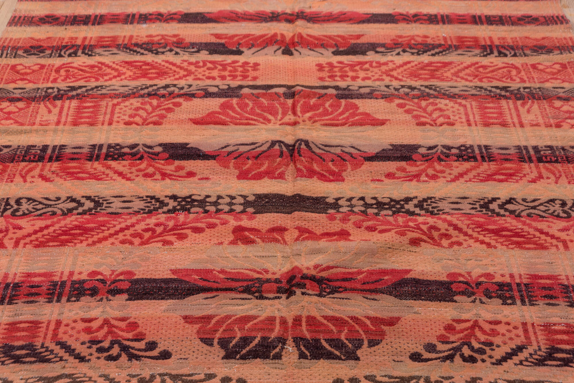 6' x 6' one-of-a-kind handmade vintage Kilim rug. Color palette: brown, gray, light gray, pink, red, redwood, rosy brown