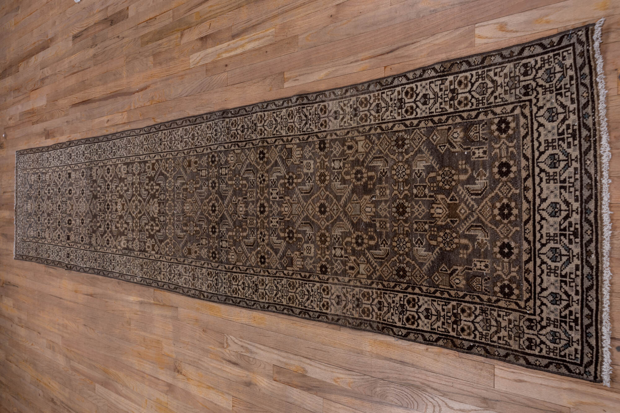 2' x 13' one-of-a-kind handmade vintage Malayer runner rug. Color palette: brown, gray, off-white, pink, snow, white
