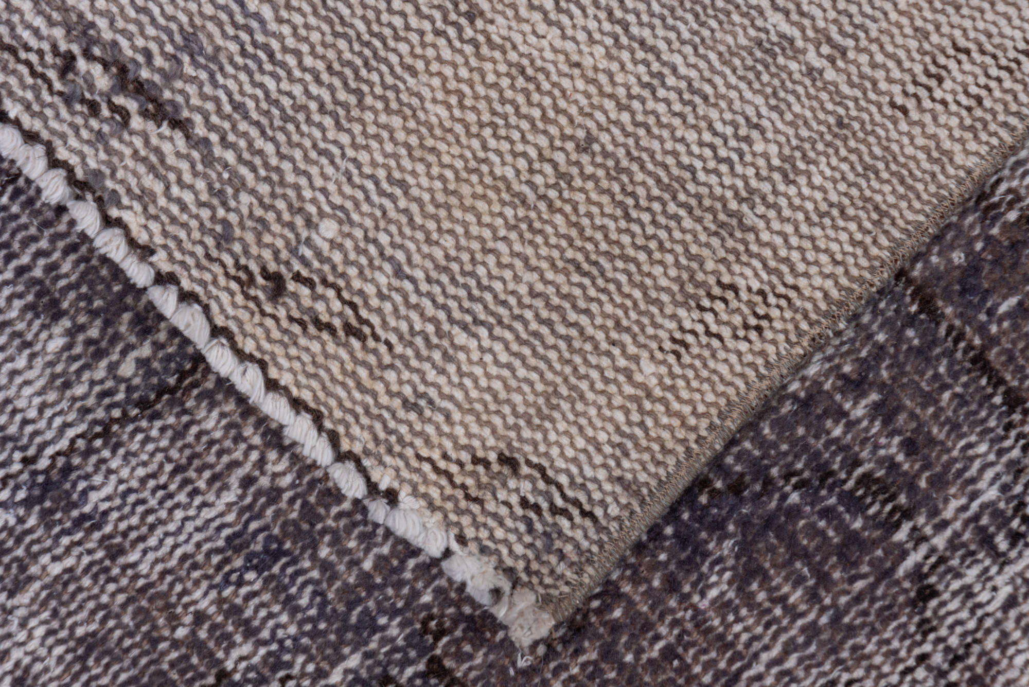 2' x 9' one-of-a-kind handmade vintage Overdyed runner rug. Color palette: black, gainsboro, gray, light gray, off-white