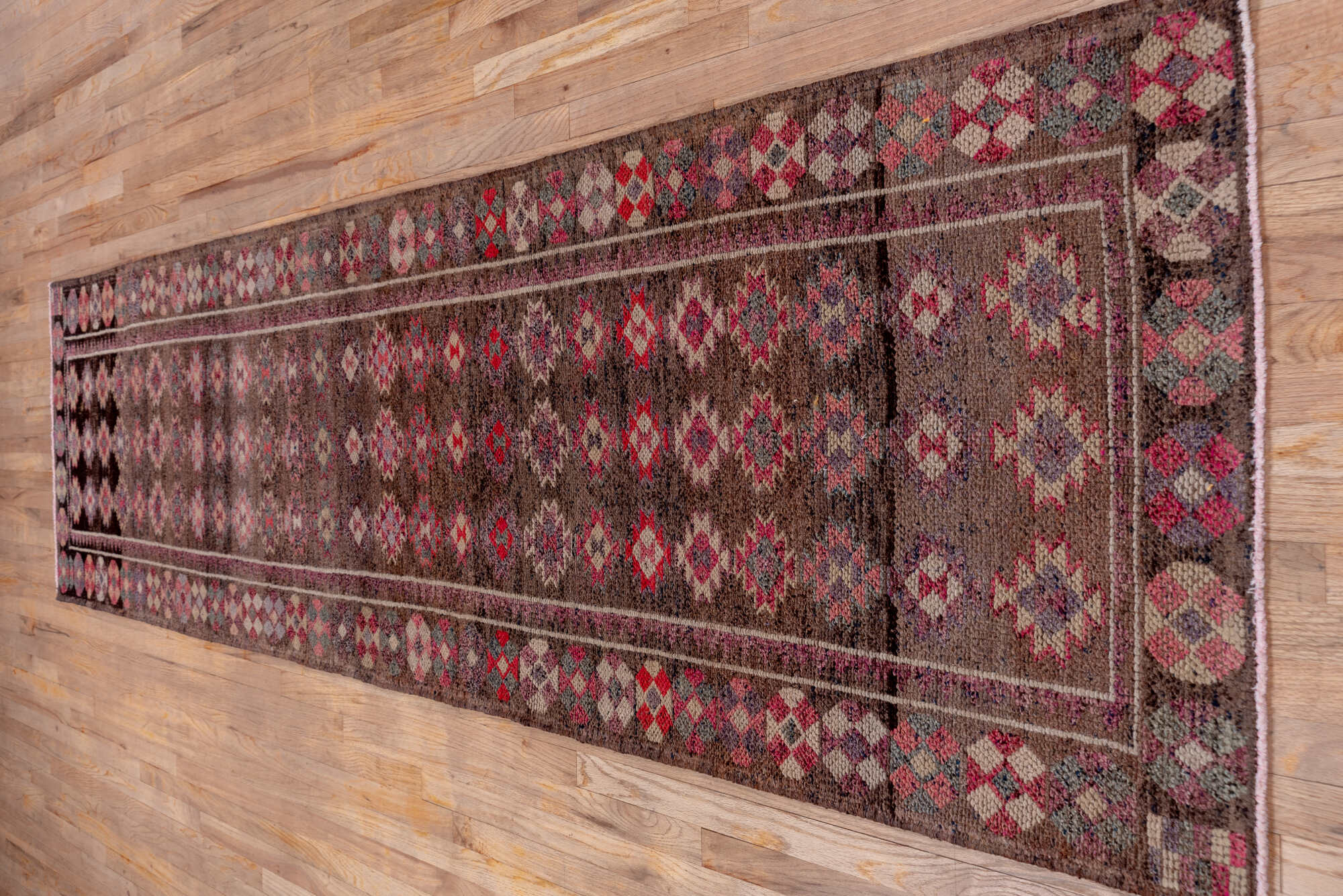 3' x 12' one-of-a-kind handmade vintage Kars runner rug. Color palette: brown, gray, light gray, pink, red