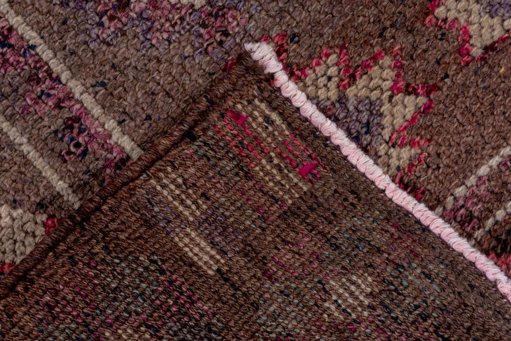 3' x 12' one-of-a-kind handmade vintage Kars runner rug. Color palette: brown, gray, light gray, pink, red