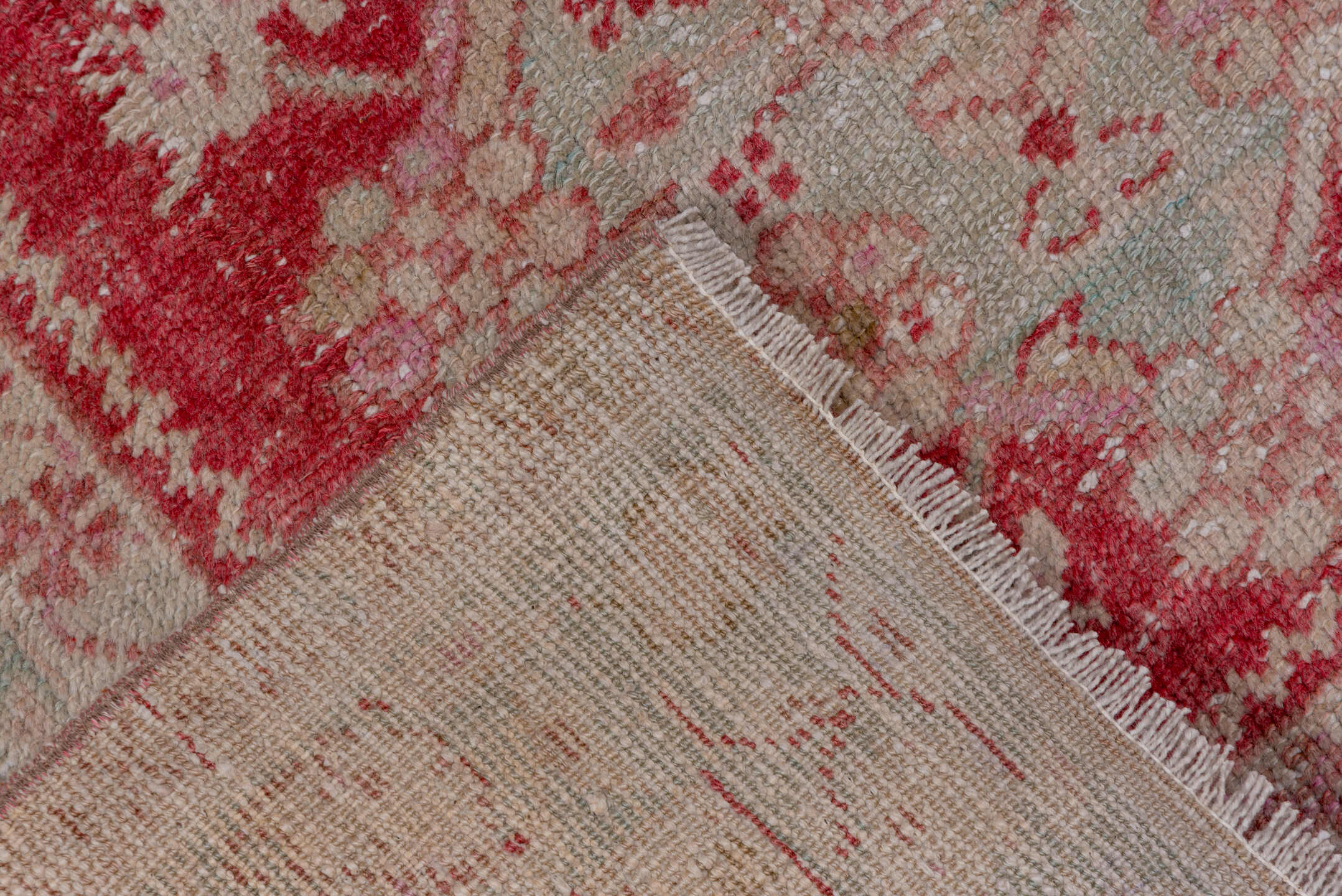 2' x 5' one-of-a-kind handmade vintage Oushak small size rug. Color palette: pink, gray, light gray, off-white, red, brown