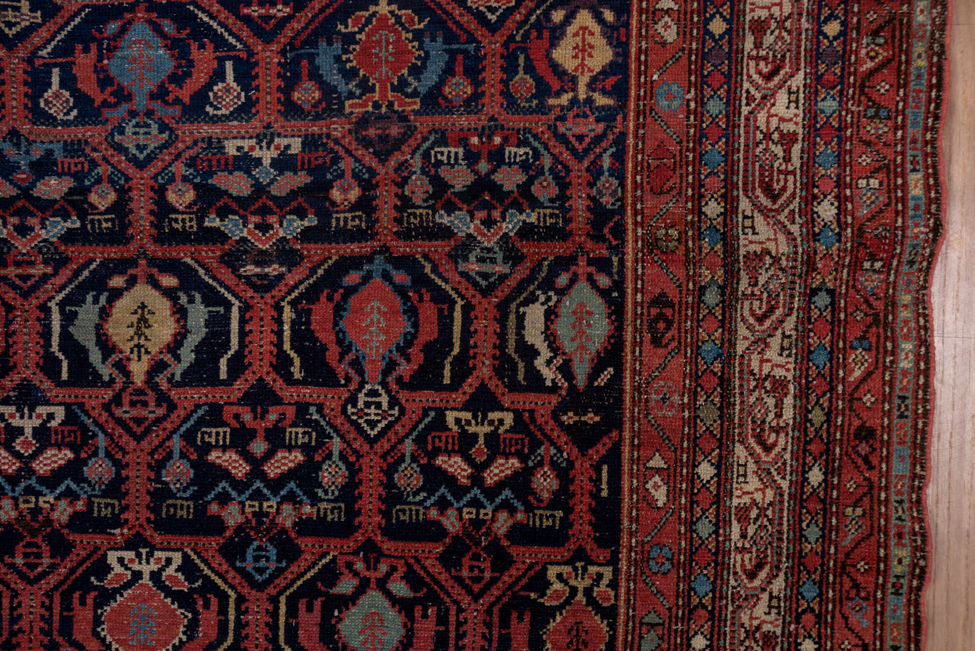 5' x 12' one-of-a-kind handmade vintage Malayer rug. Color palette: blue, brown, gray, pink, red, redwood
