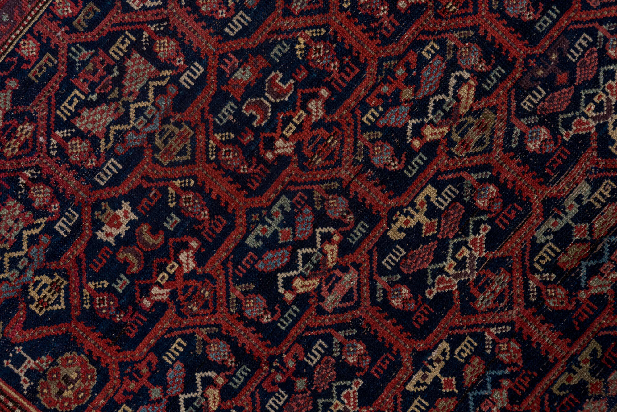 5' x 12' one-of-a-kind handmade vintage Malayer rug. Color palette: blue, brown, gray, pink, red, redwood