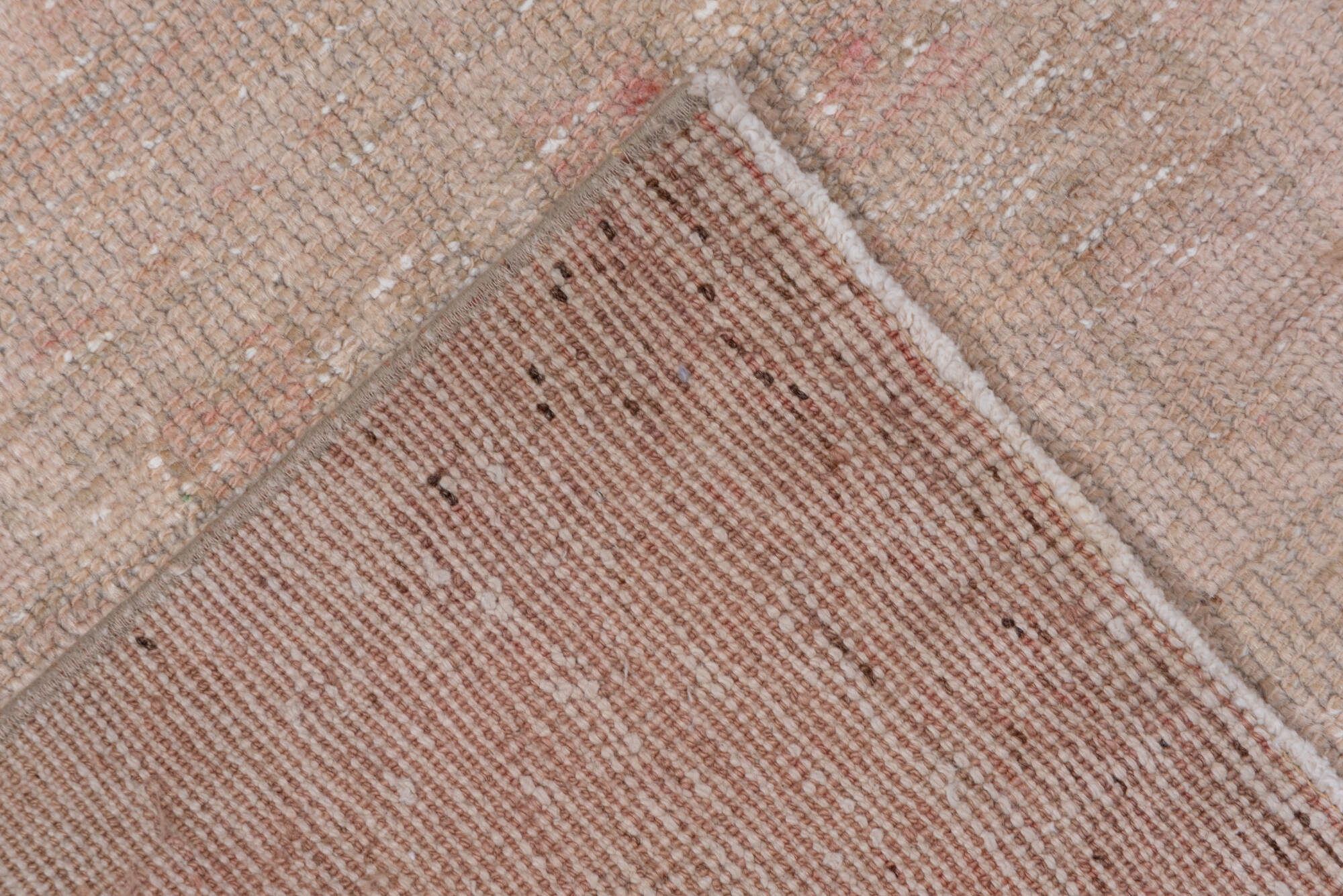 2' x 5' one-of-a-kind handmade vintage Oushak small size rug. Color palette: brown, gray, light gray, off-white, pink, snow