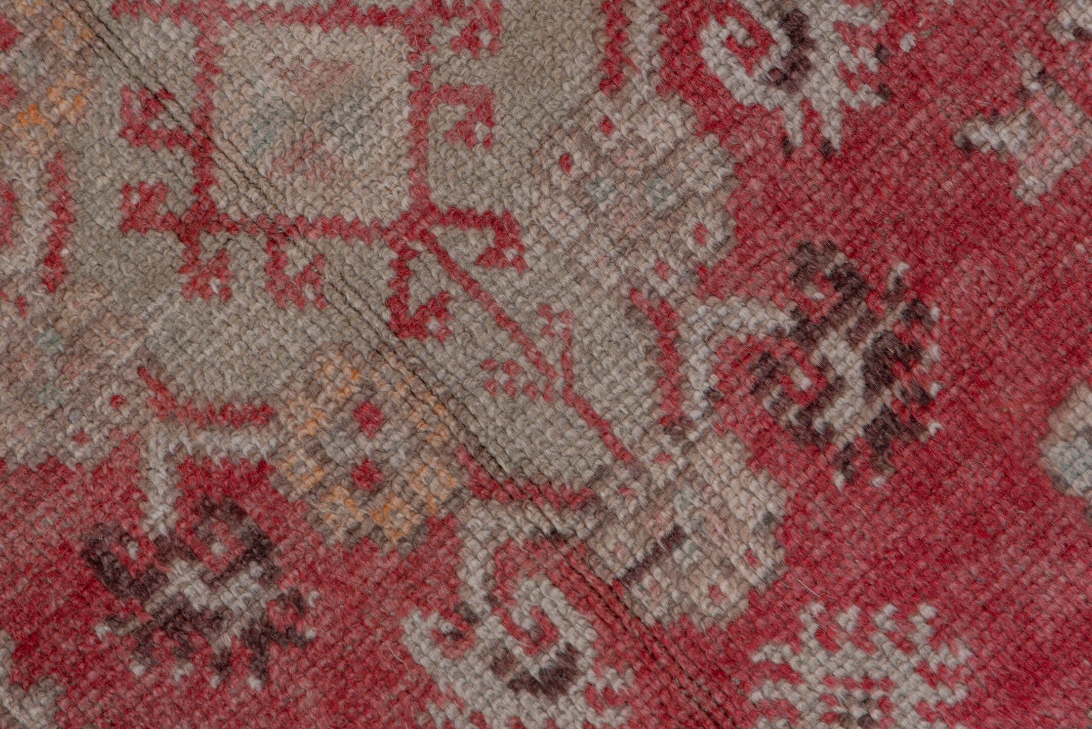 3' x 10' one-of-a-kind handmade vintage Oushak runner rug. Color palette: pink, gray, light gray, off-white, brown, red