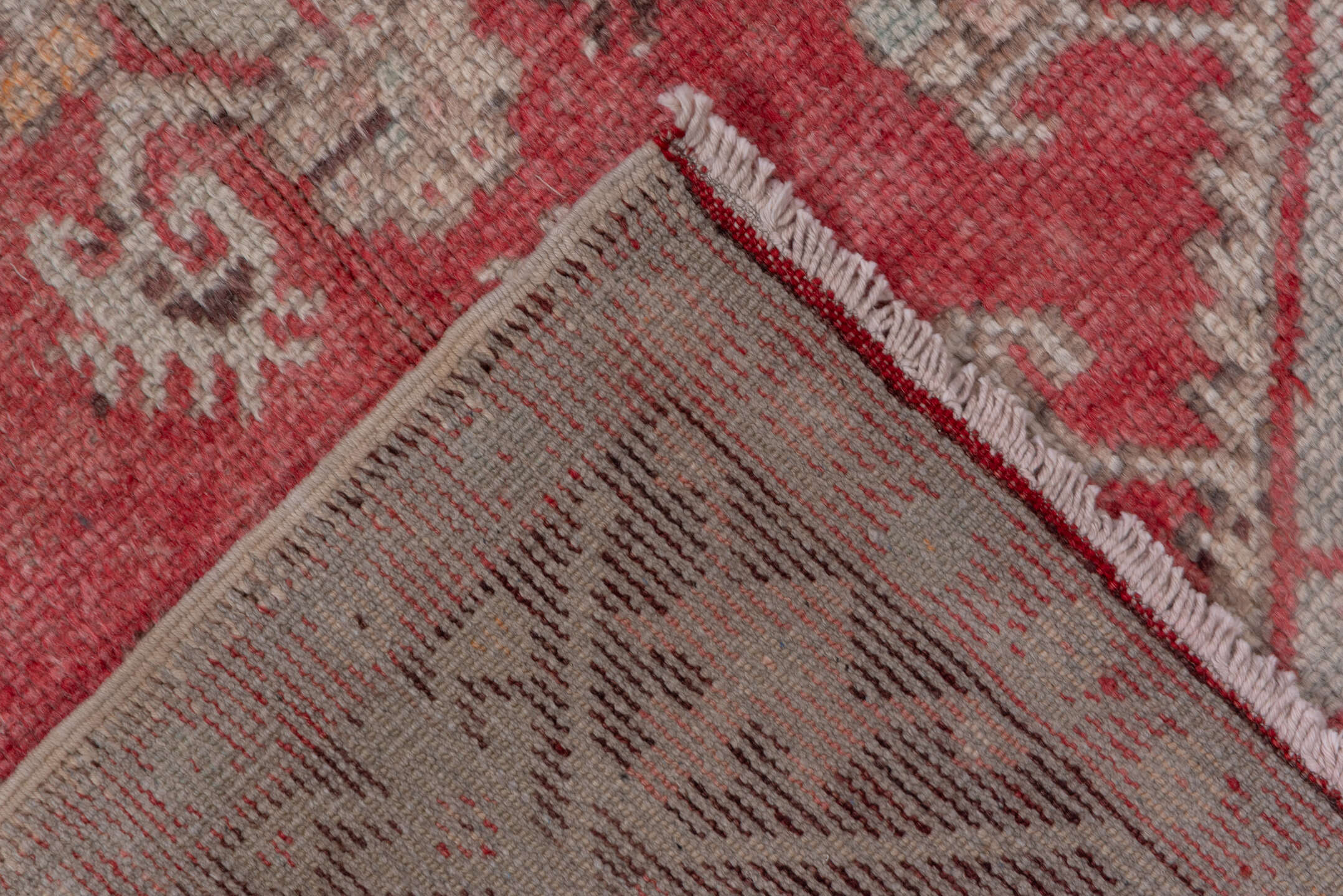 3' x 10' one-of-a-kind handmade vintage Oushak runner rug. Color palette: pink, gray, light gray, off-white, brown, red