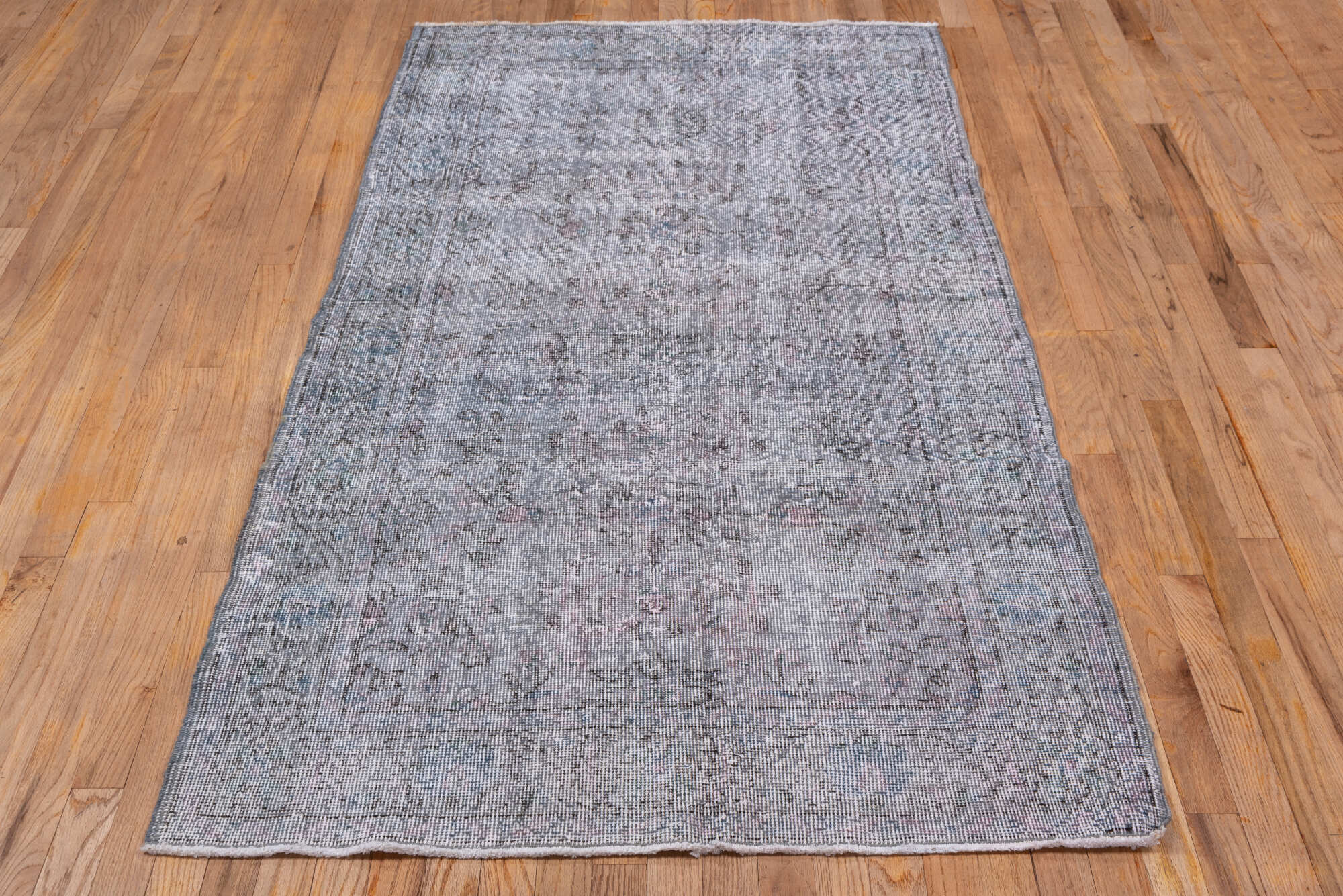 3' x 6' one-of-a-kind handmade vintage Overdyed small size rug. Color palette: dark gray, dim gray, gainsboro, gray