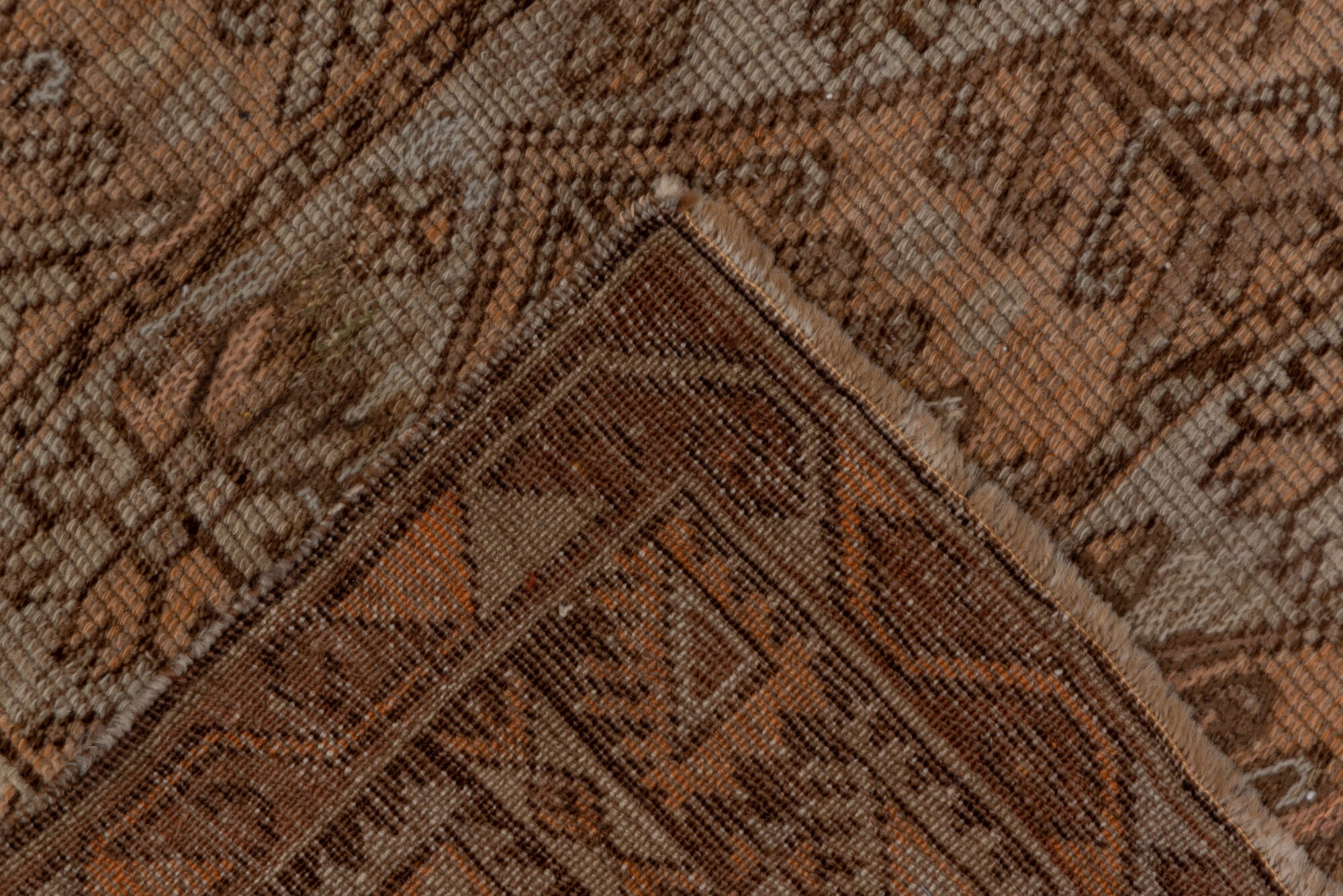 3' x 4' one-of-a-kind handmade vintage Oushak small size rug. Color palette: brown, gray, light gray, off-white, pink