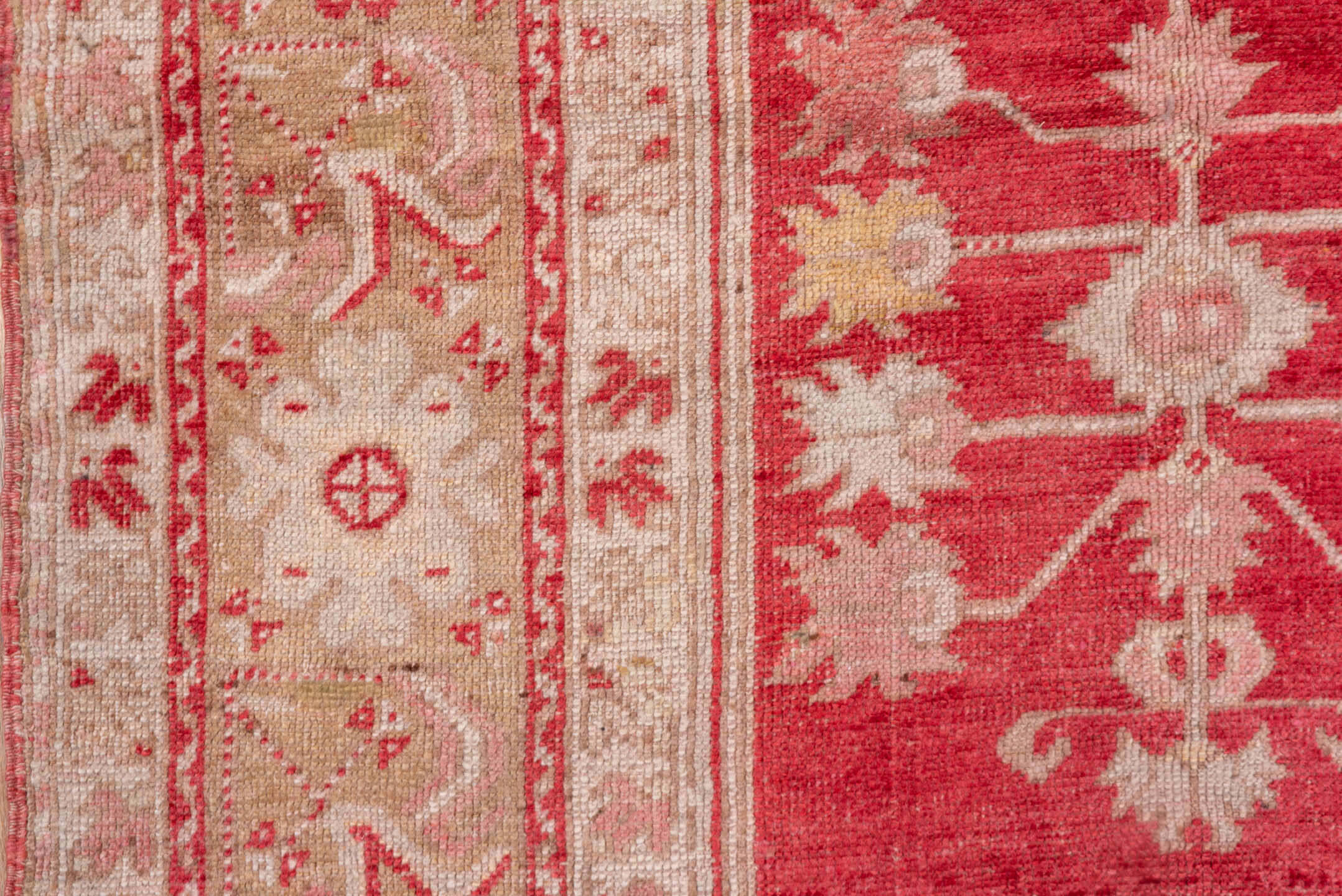 3' x 5' one-of-a-kind handmade vintage Oushak small size rug. Color palette: pink, gray, brown, red, light gray, off-white
