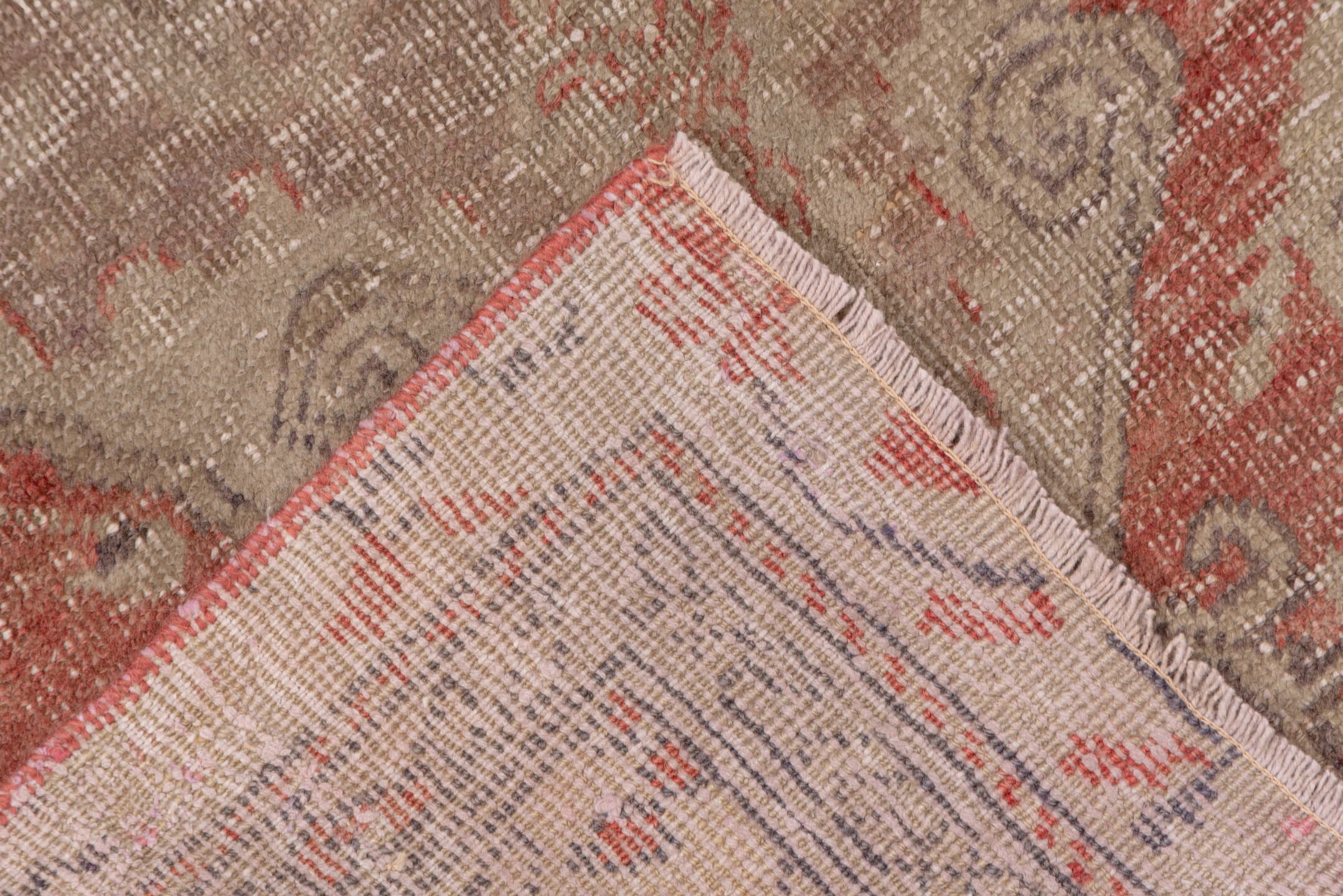 2' x 4' one-of-a-kind handmade vintage Oushak small size rug. Color palette: pink, brown, gray, light gray, off-white, white