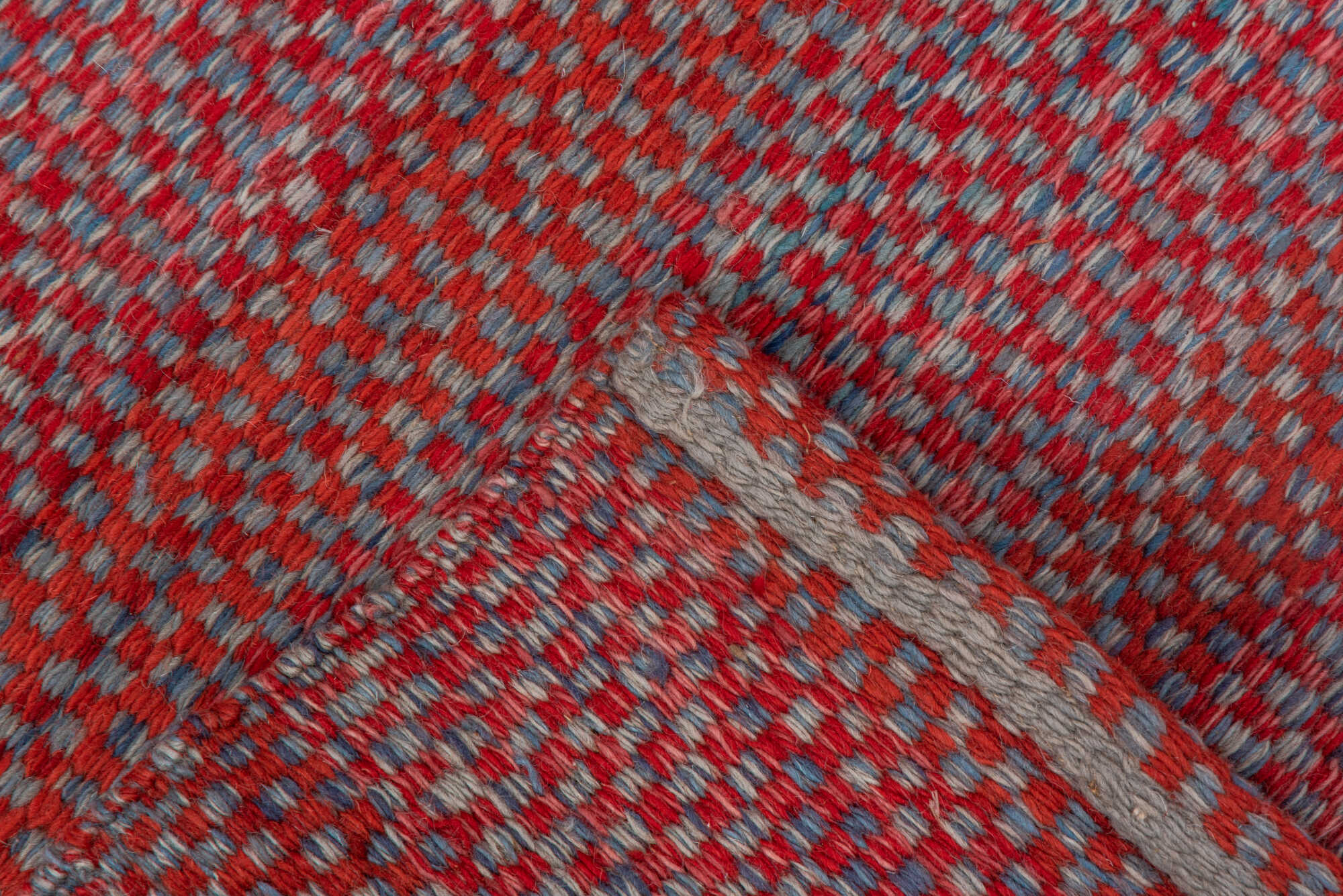 2' x 5' one-of-a-kind handmade vintage Kilim small size rug. Color palette: brown, gray, off-white, pink, red, redwood, snow