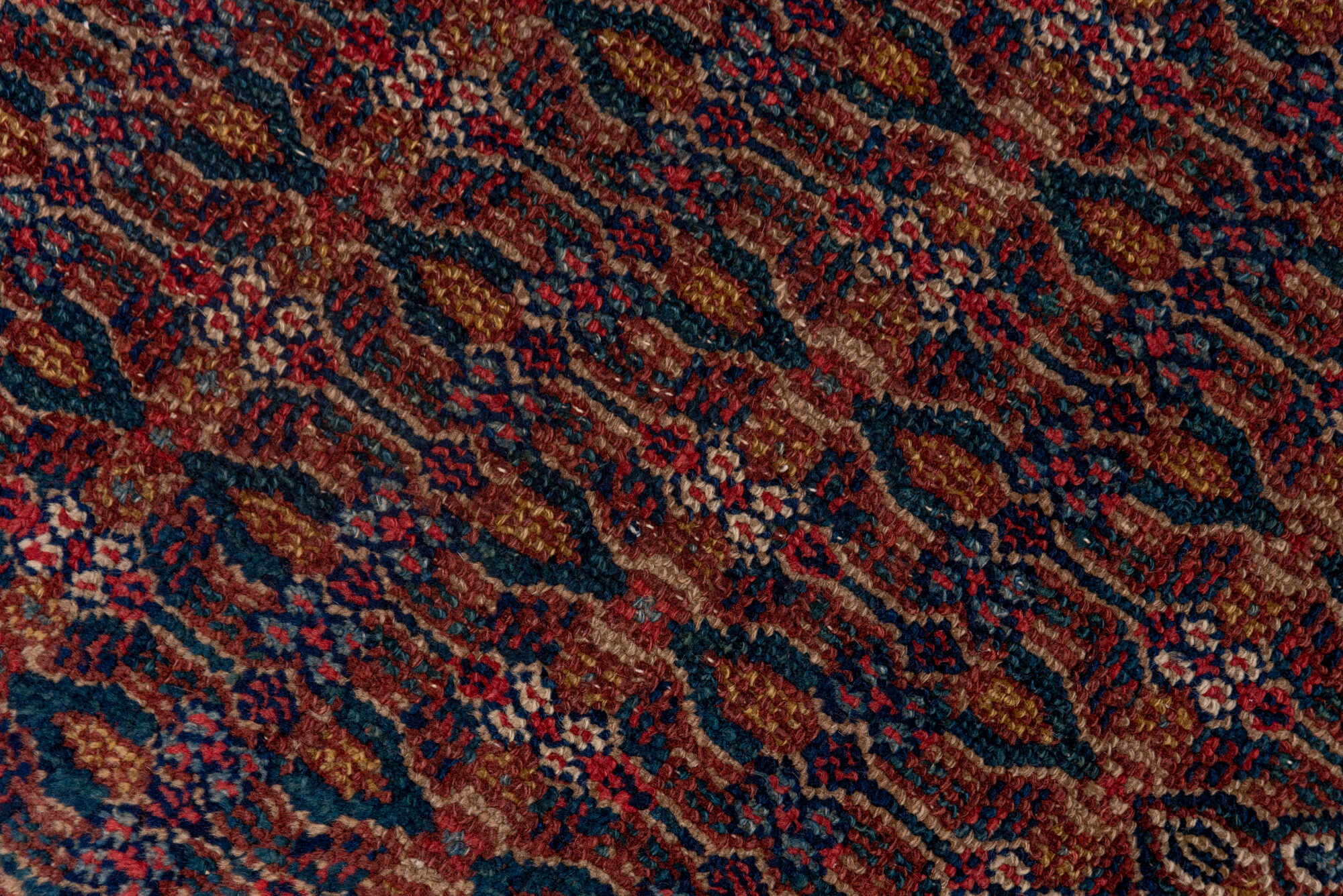 3' x 14' one-of-a-kind handmade vintage Cam Hamadan runner rug. Color palette: blue, brown, gray, pink, red, redwood