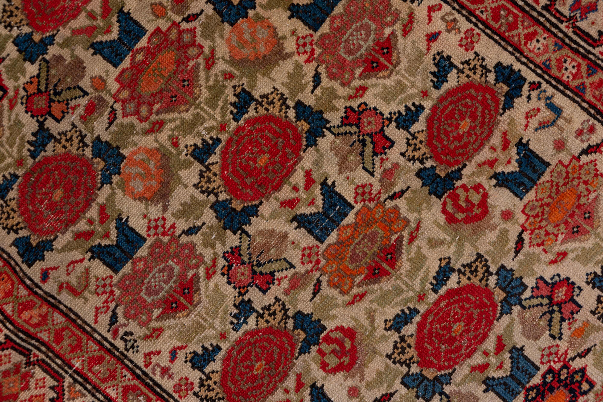 3' x 17' one-of-a-kind handmade vintage Malayer runner rug. Color palette: blue, brown, gray, pink, red