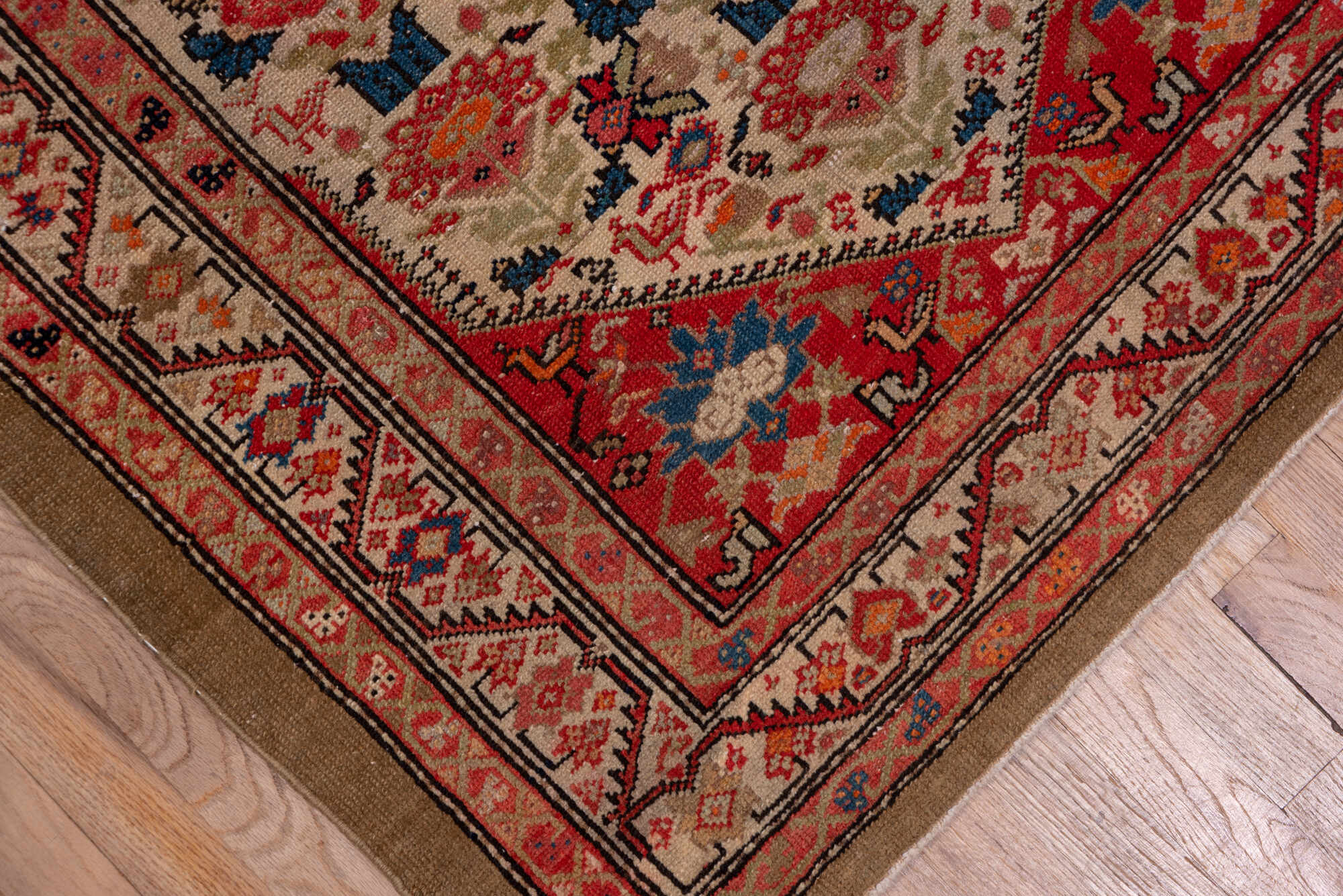 3' x 17' one-of-a-kind handmade vintage Malayer runner rug. Color palette: blue, brown, gray, pink, red