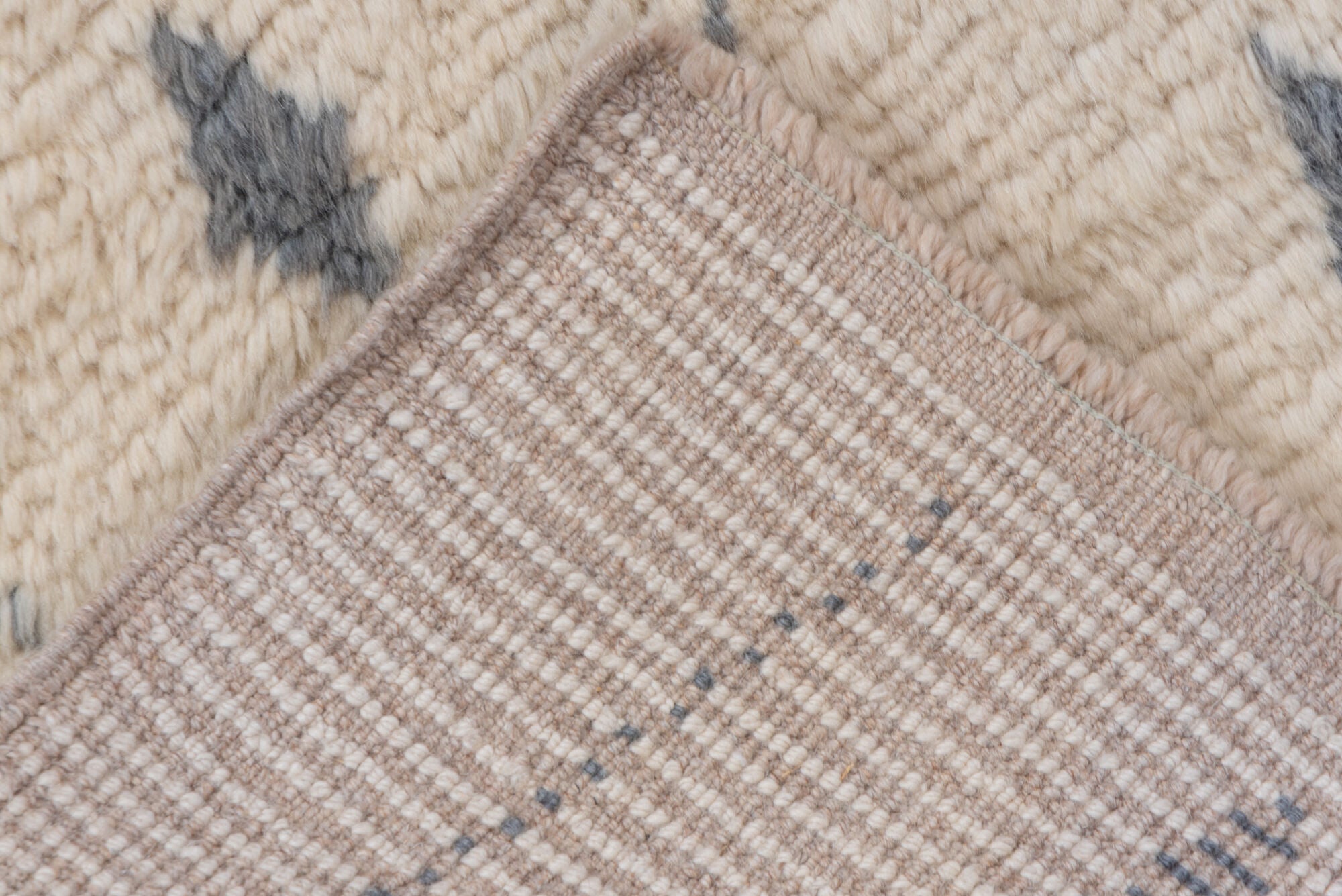 3' x 13' one-of-a-kind handmade vintage Moroccan runner rug. Color palette: antiquewhite, dark gray, gray, light gray, linen