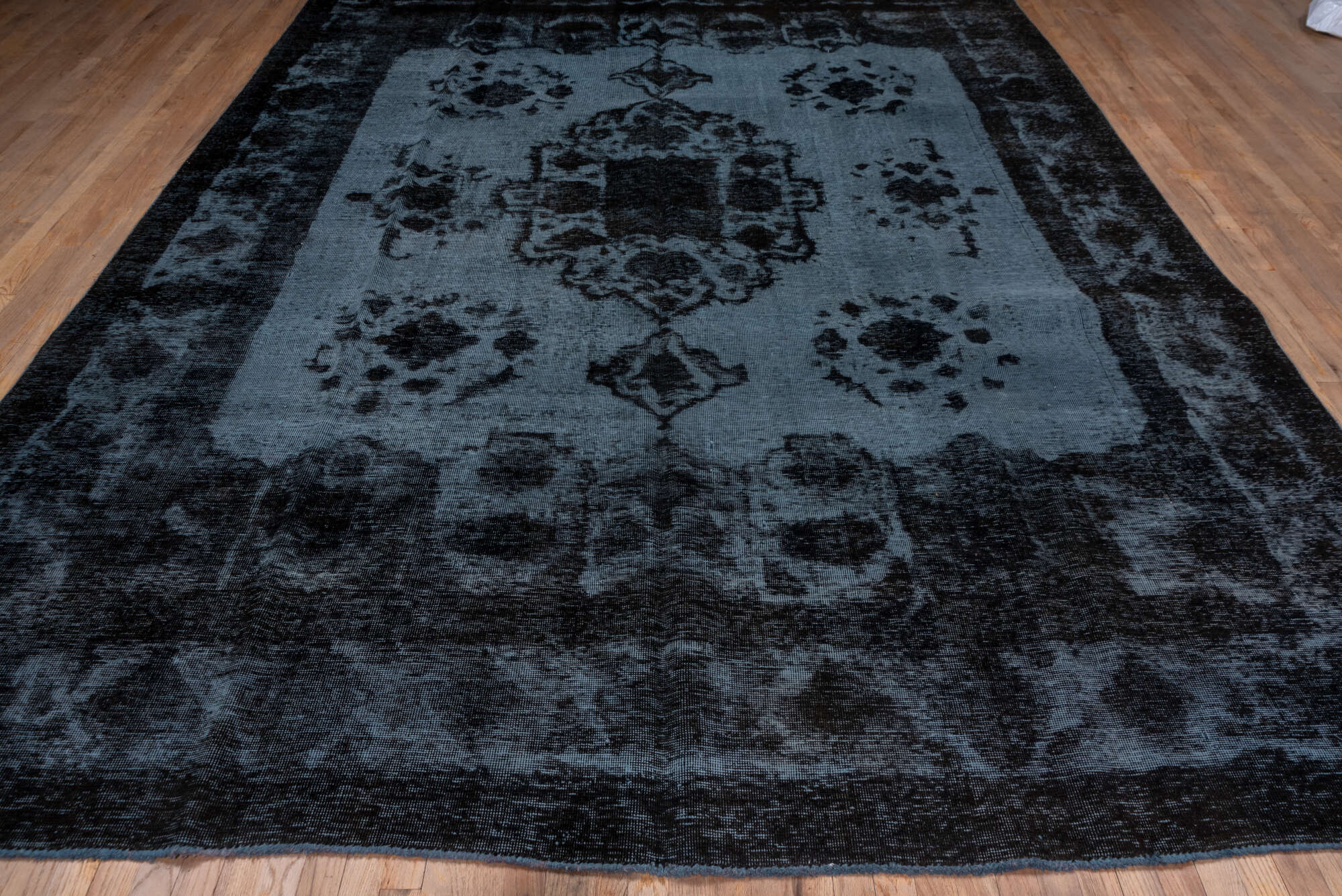 9' x 12' one-of-a-kind handmade vintage Overdyed large size rug. Color palette: black, blue, charcoal, dim gray, gray