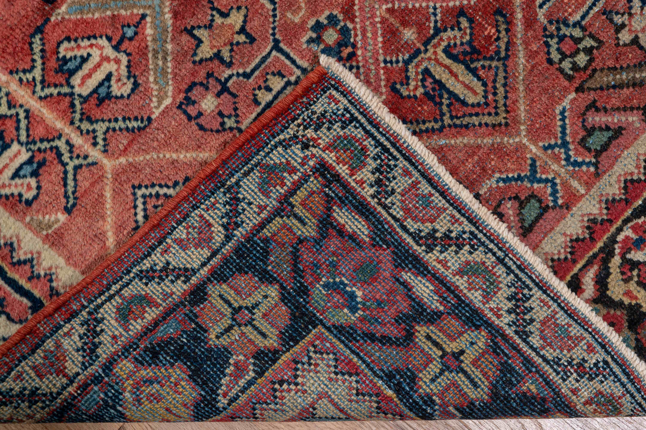 3' x 15' one-of-a-kind handmade vintage Mahal runner rug. Color palette: brown, red, pink, gray, black, blue, dim gray