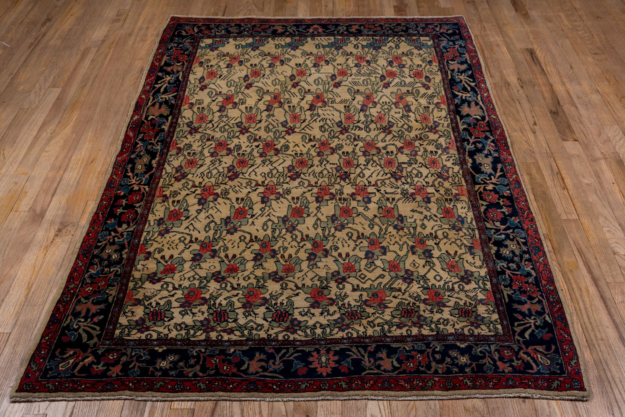 4' x 7' one-of-a-kind handmade vintage Bidjar rug. Color palette: arapawa, black, blue, brown, gray, off-white, pink, red