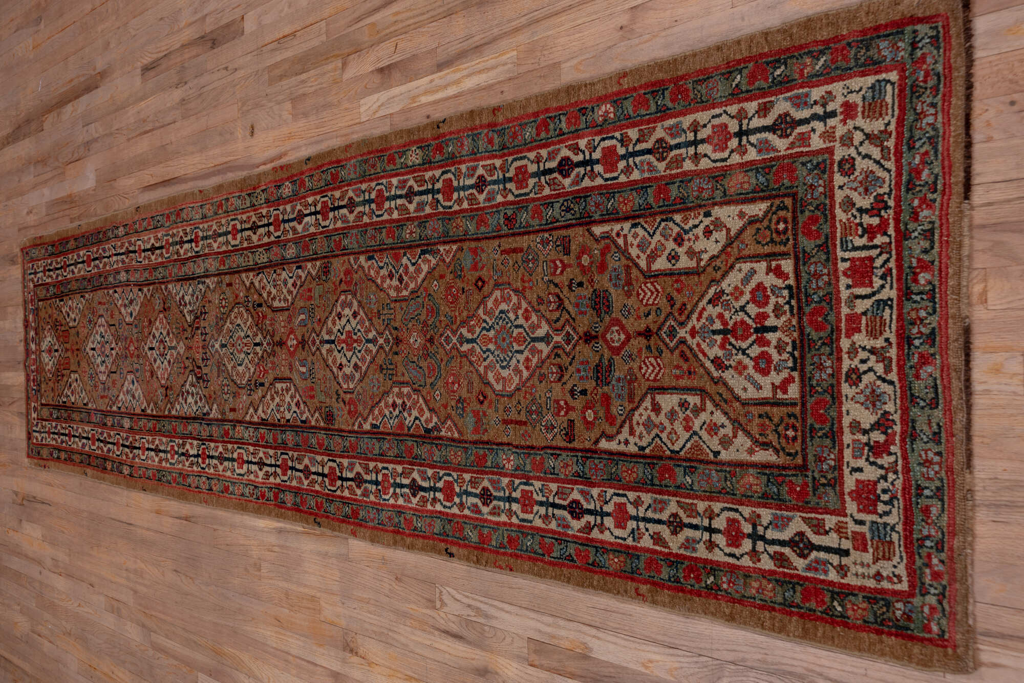 3' x 13' one-of-a-kind handmade vintage Cam Hamadan runner rug. Color palette: black, brown, charcoal, gray, pink, red