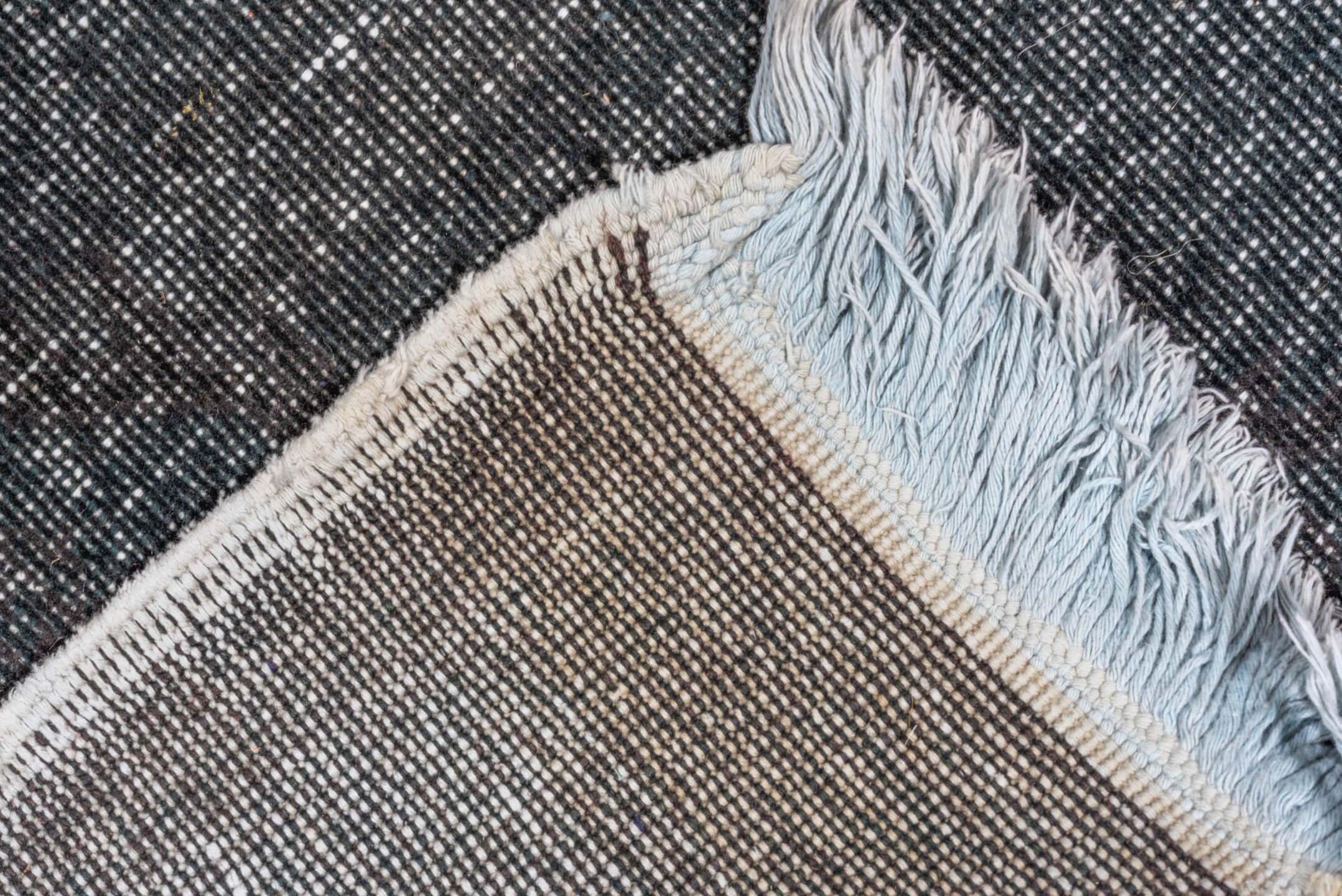 4' x 11' one-of-a-kind handmade vintage Overdyed runner rug. Color palette: gray, blue, light gray, off-white, black